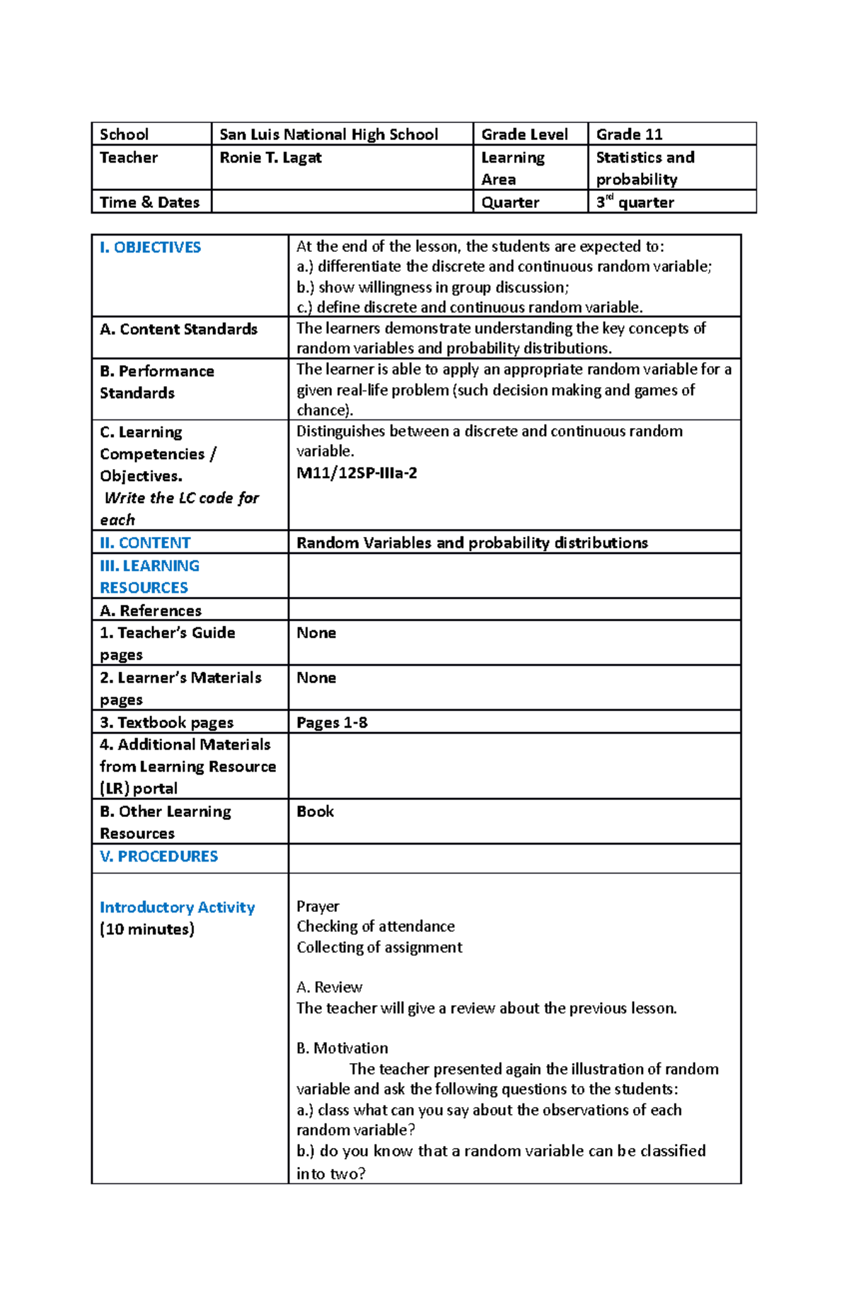 M1112SP-IIIa-2 - lesson plan - School San Luis National High School ...