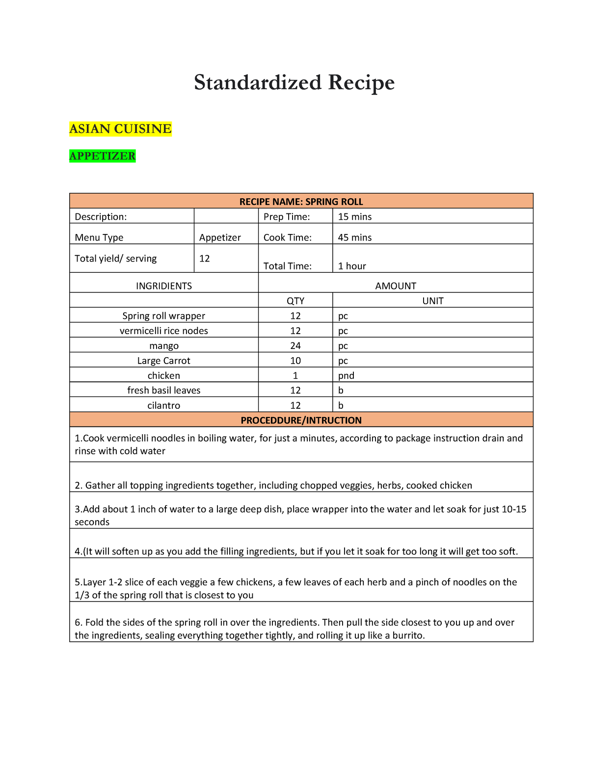 Asian Quantity - QUANTIFICATION SAMPLE - Standardized Recipe ASIAN ...