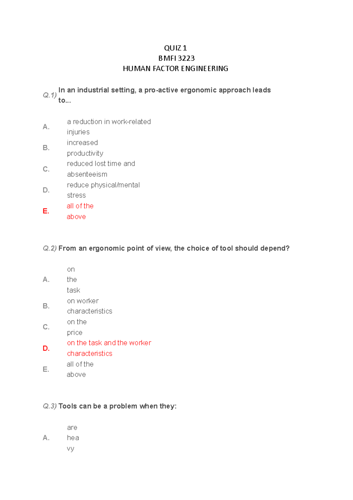 QUIZ 1 Group Industrial ergonomic QUIZ 1 BMFI 3223 HUMAN FACTOR