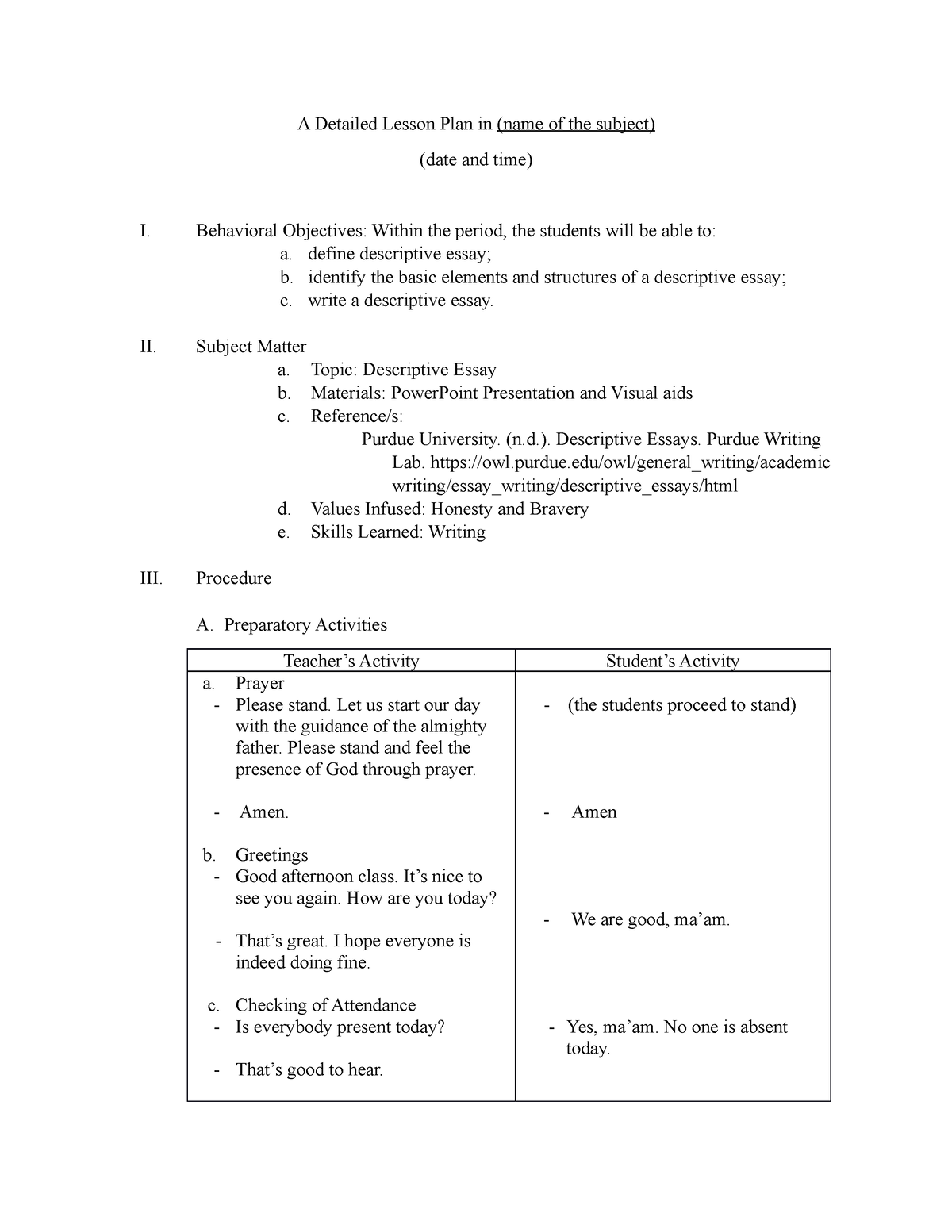 Sample Detailed Lesson Plan - A Detailed Lesson Plan in (name of the ...