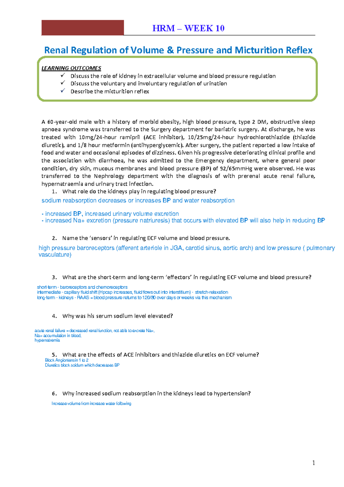 HRM Week 10 GLS 2024 - Renal Regulation of Volume & Pressure and ...