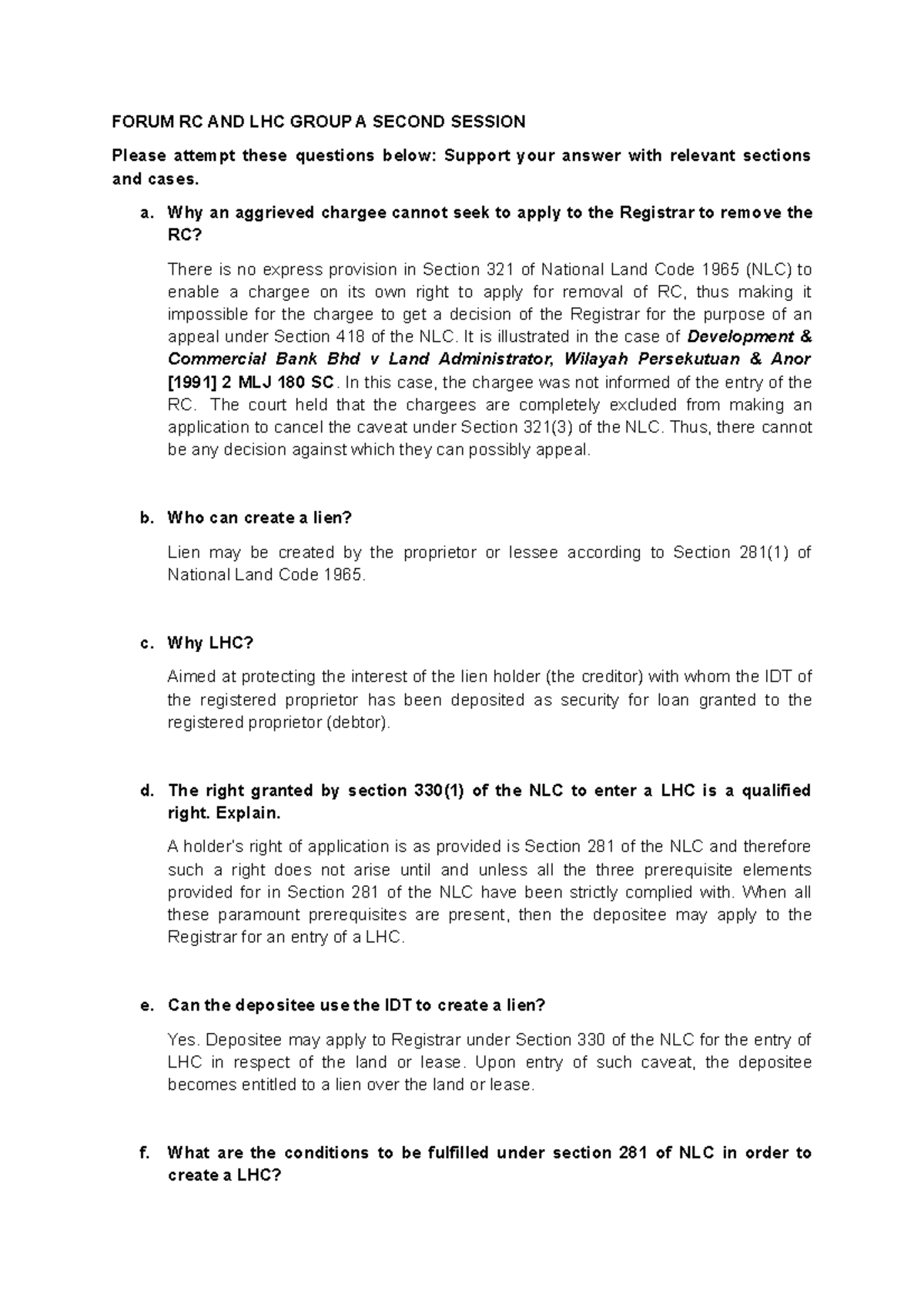 Forum RC AND LHC (Tutorial) -Land Law II - FORUM RC AND LHC GROUP A ...