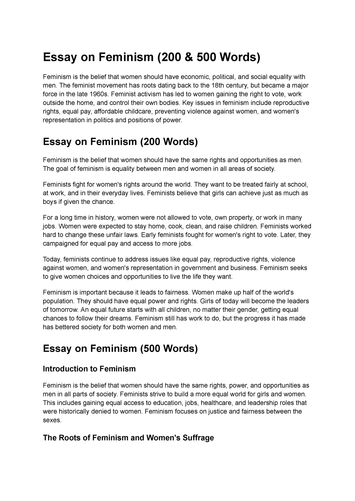 feminism essay 500 words