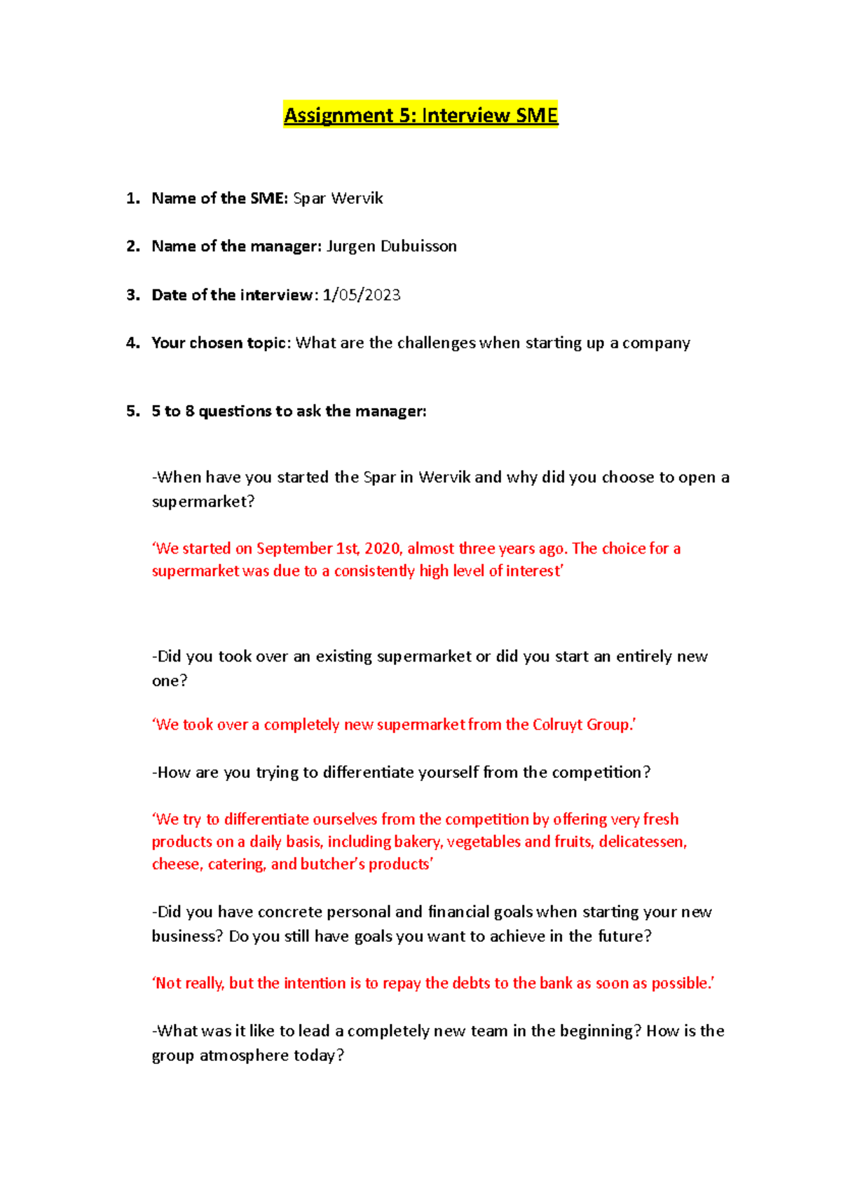 Assignment 5 preparation 2 1 1 - Assignment 5: Interview SME Name of ...