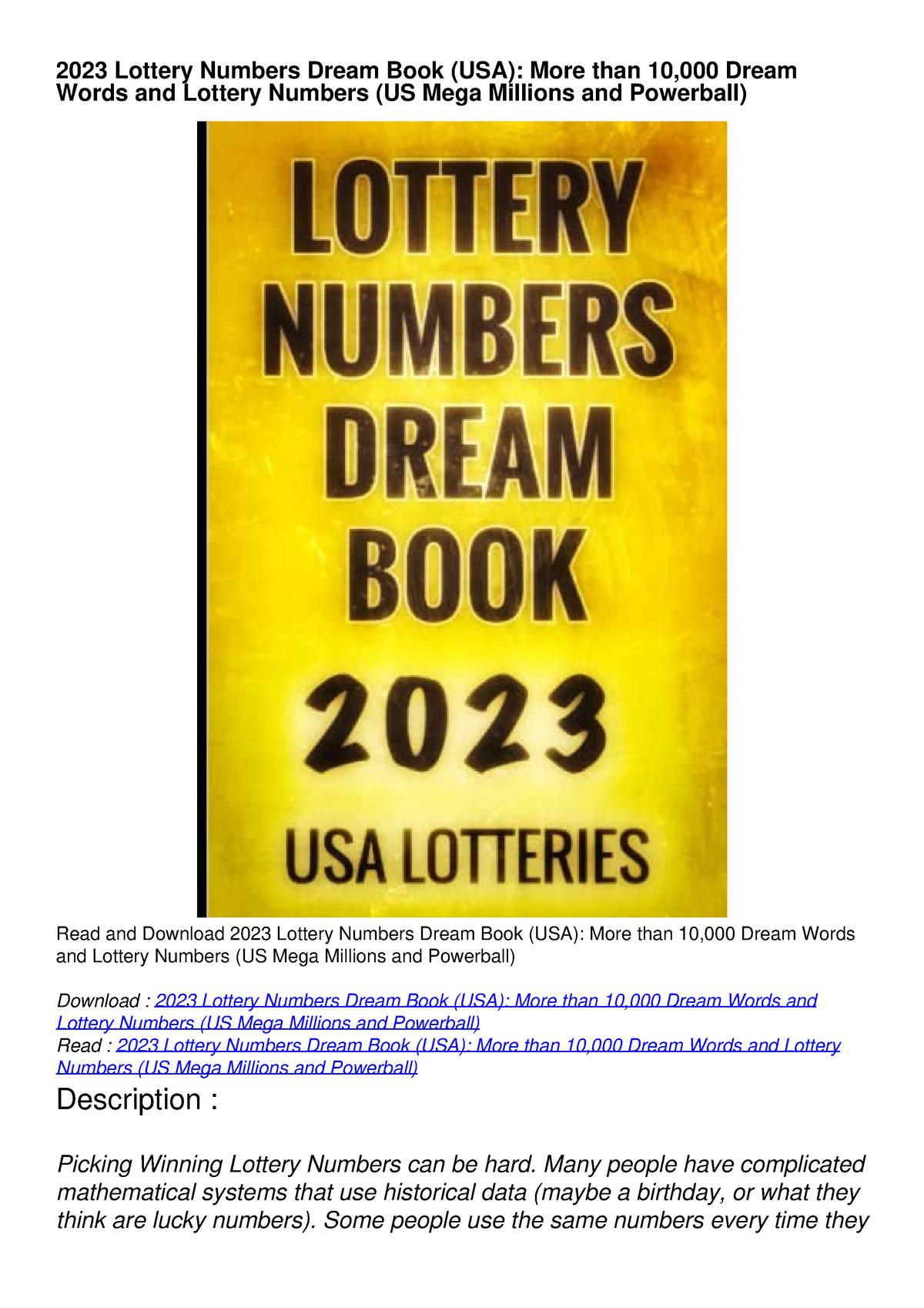 PDF_ 2023 Lottery Numbers Dream Book (USA): More than 10,000 Dream ...