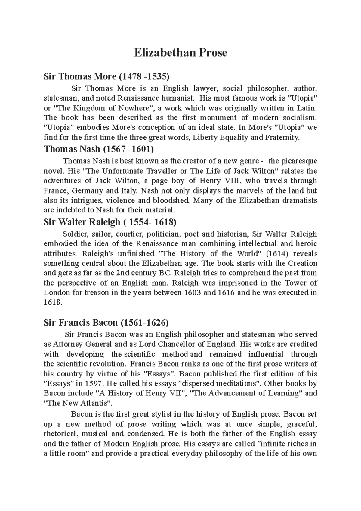 Elizabethan Prose - Easy - Elizabethan Prose Sir Thomas More (1478 ...