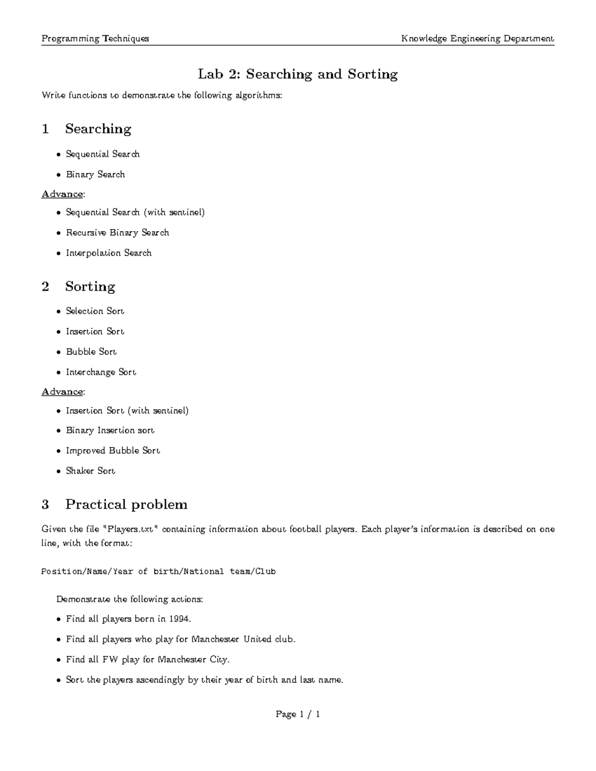 Lab 2 - Exercise about sort and search algorithms - Programming ...