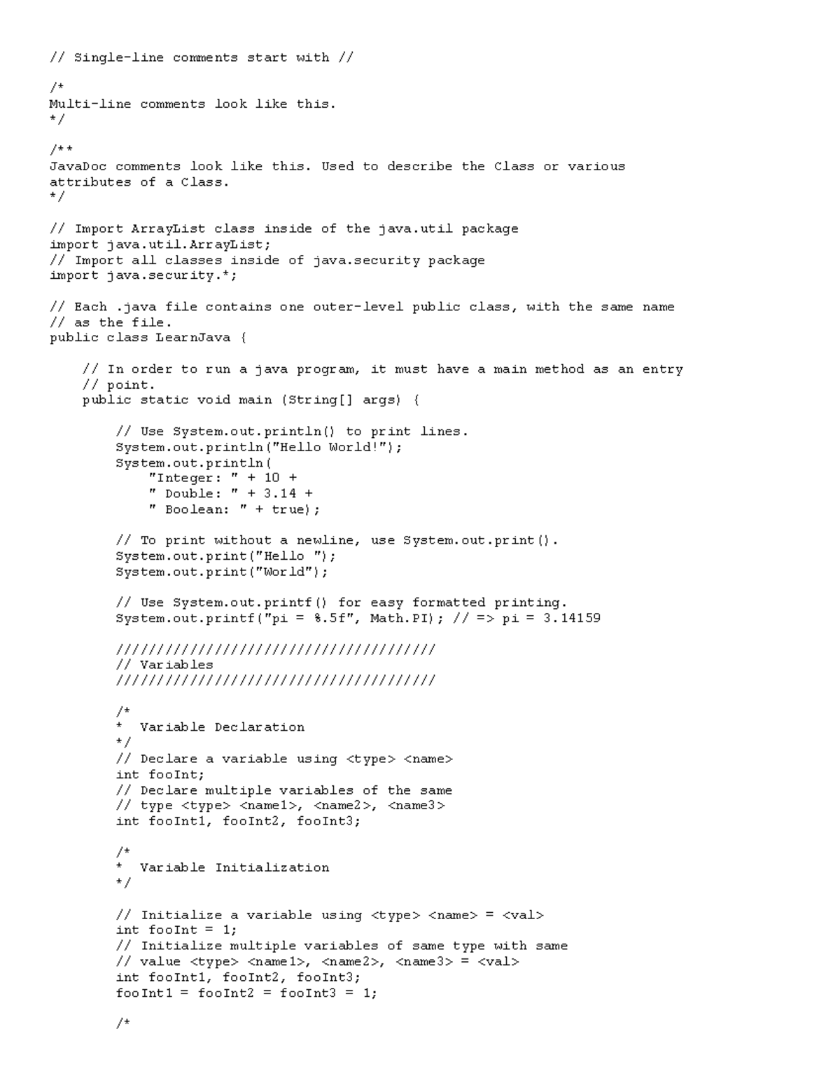 Summary JAVA - // Single-line comments start with // /* Multi-line ...