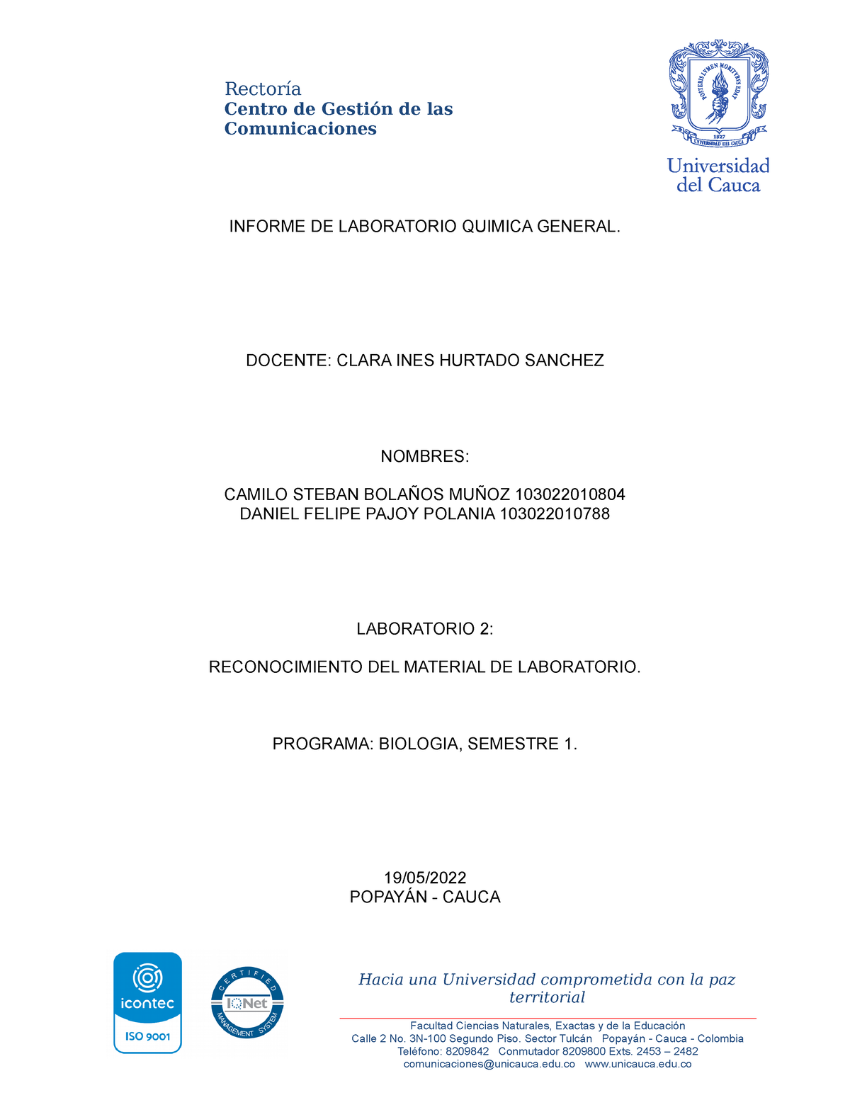 RECONOCIMIENTO DEL MATERIAL DE LABORATORIO - Química General - Unicauca ...