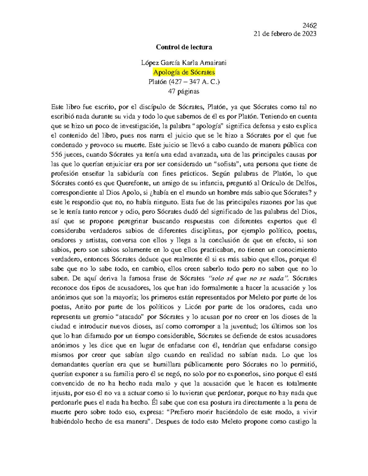 Control De Lectura Es Un Pequeño Contexto Sobre La Apología De