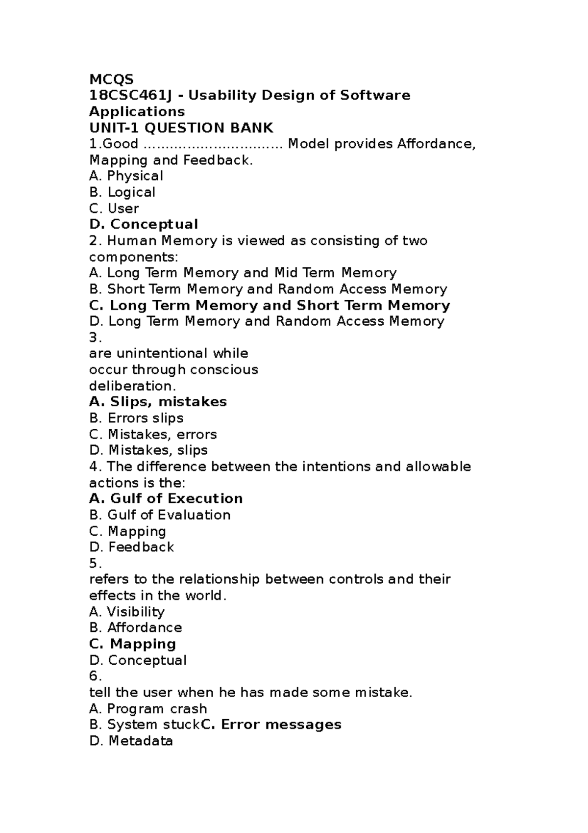 MCQS MCQS 18CSC461J Usability Design of Software Applications UNIT