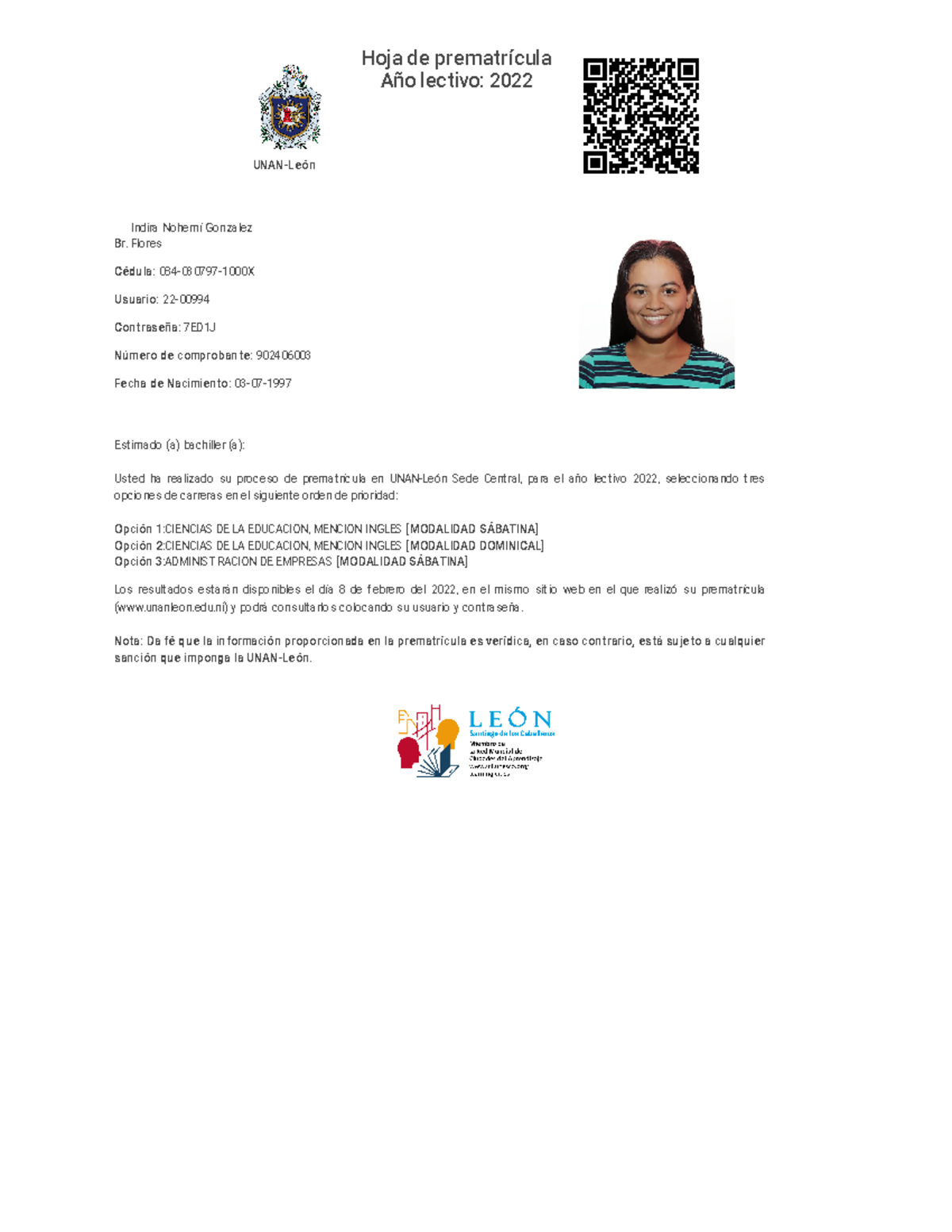 Admisión UNAN LEON Ukk UNANLeón Hoja de prematrícula Año lectivo