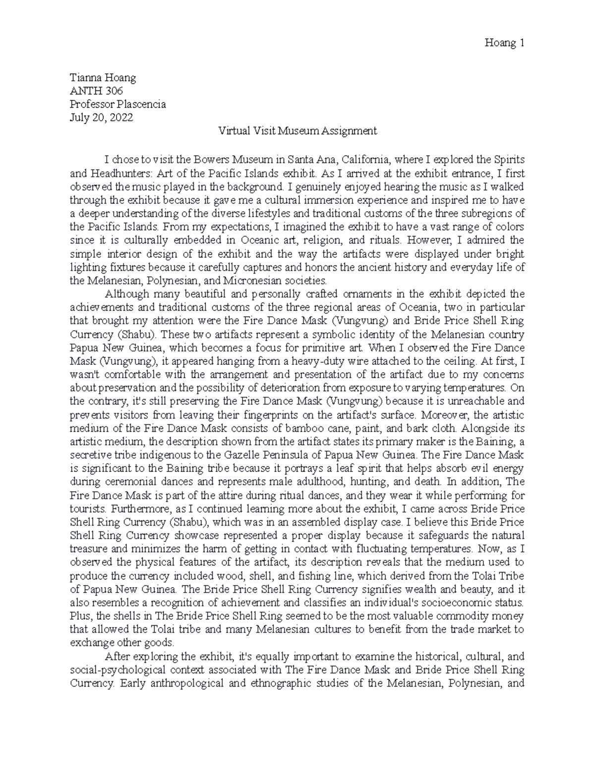Virtual Visit Museum Assignment - Tianna Hoang ANTH 306 Professor ...