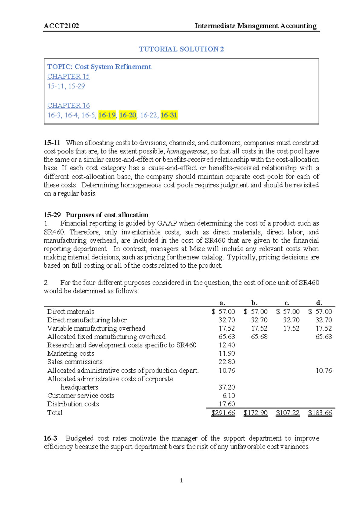 ACCT2102 Tutorial Solution 2 TUTORIAL SOLUTION 2 TOPIC Cost System