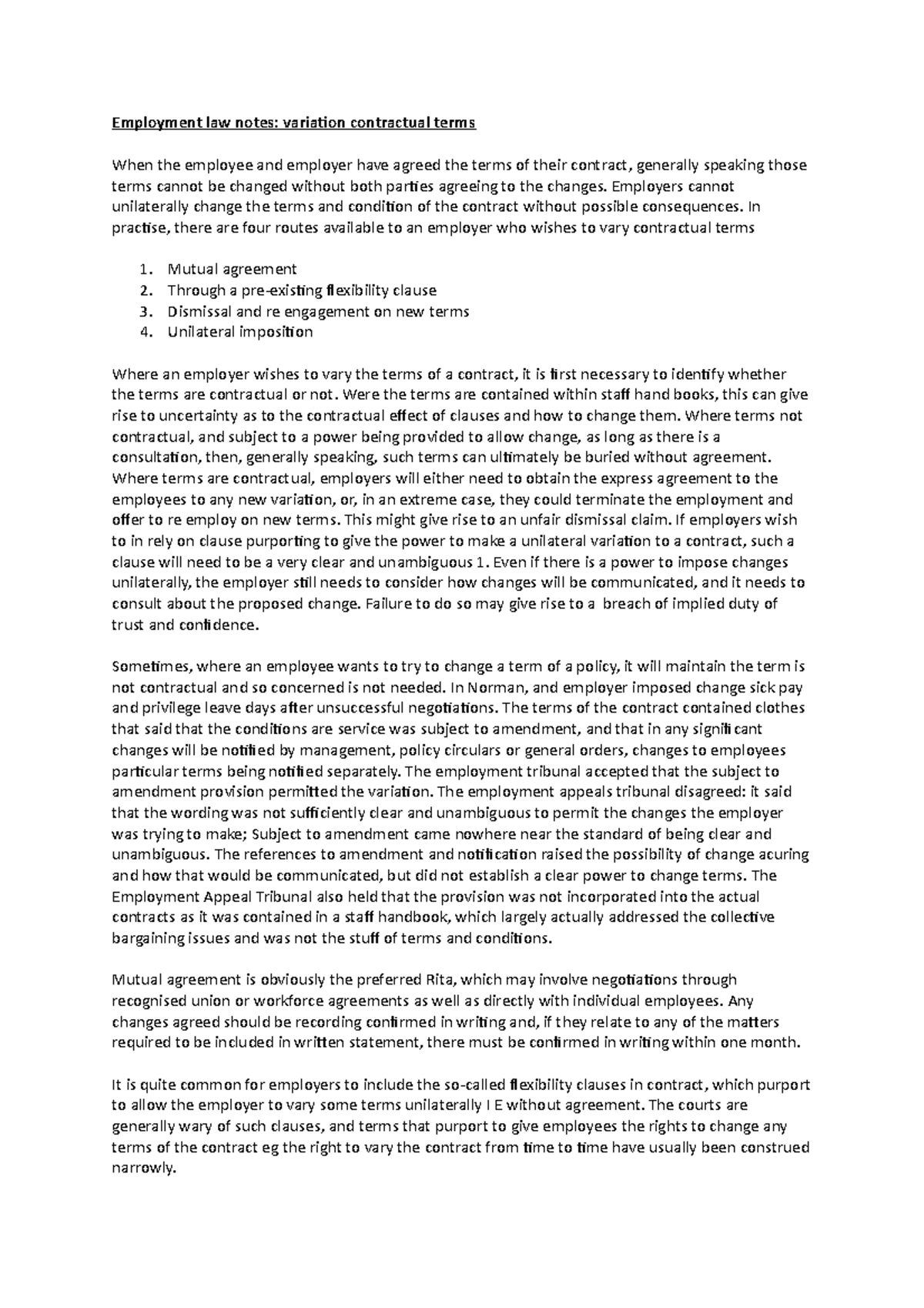 Employment law notes incorporation - Employment law notes: variation ...
