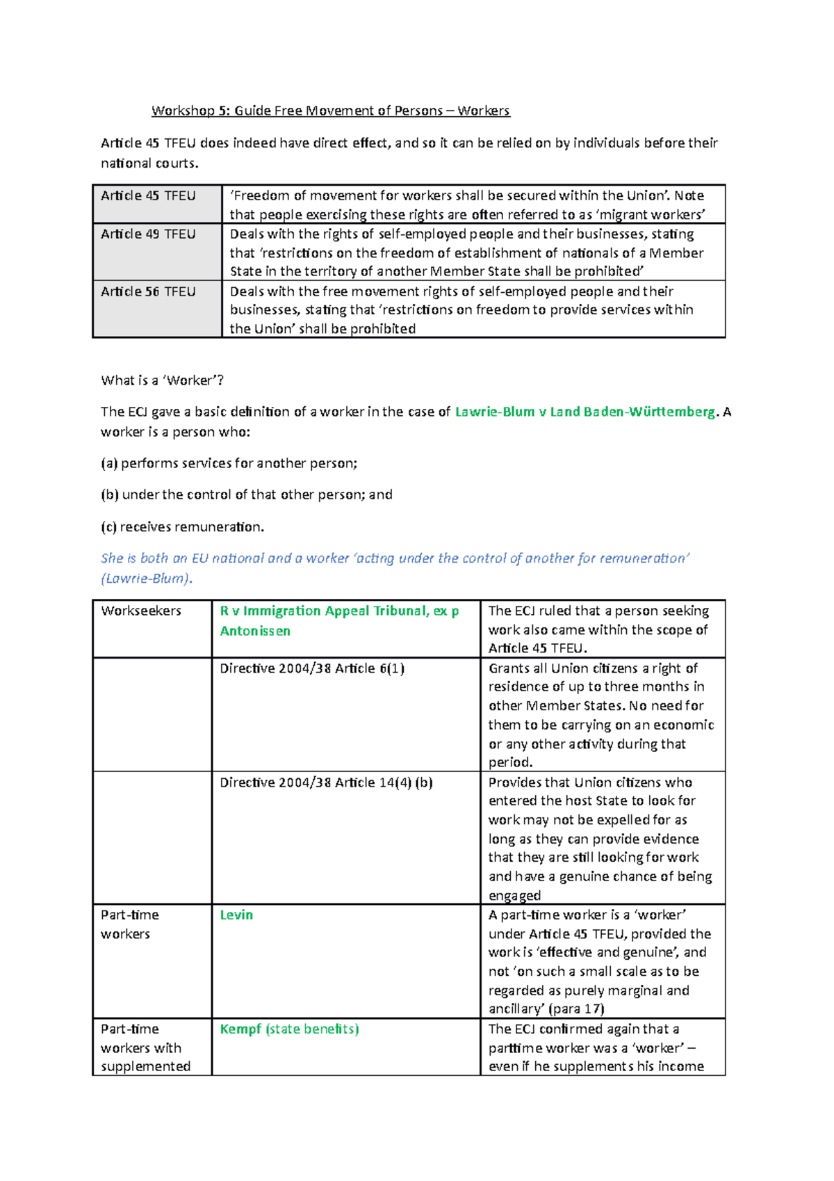 Free Movement of Persons – Workers - Workshop 5: Guide Free Movement of ...