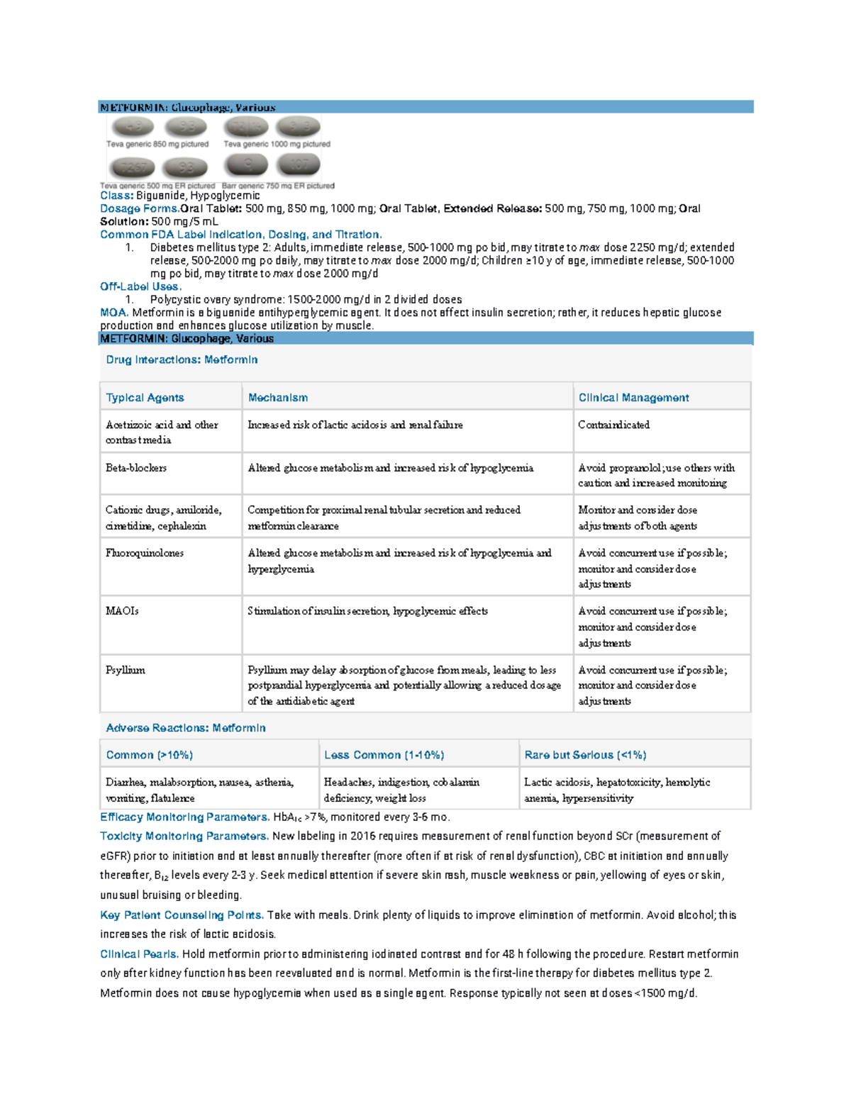 Week 5- Endocrino meds - Quiz - METFORMIN: Glucophage, Various Class ...
