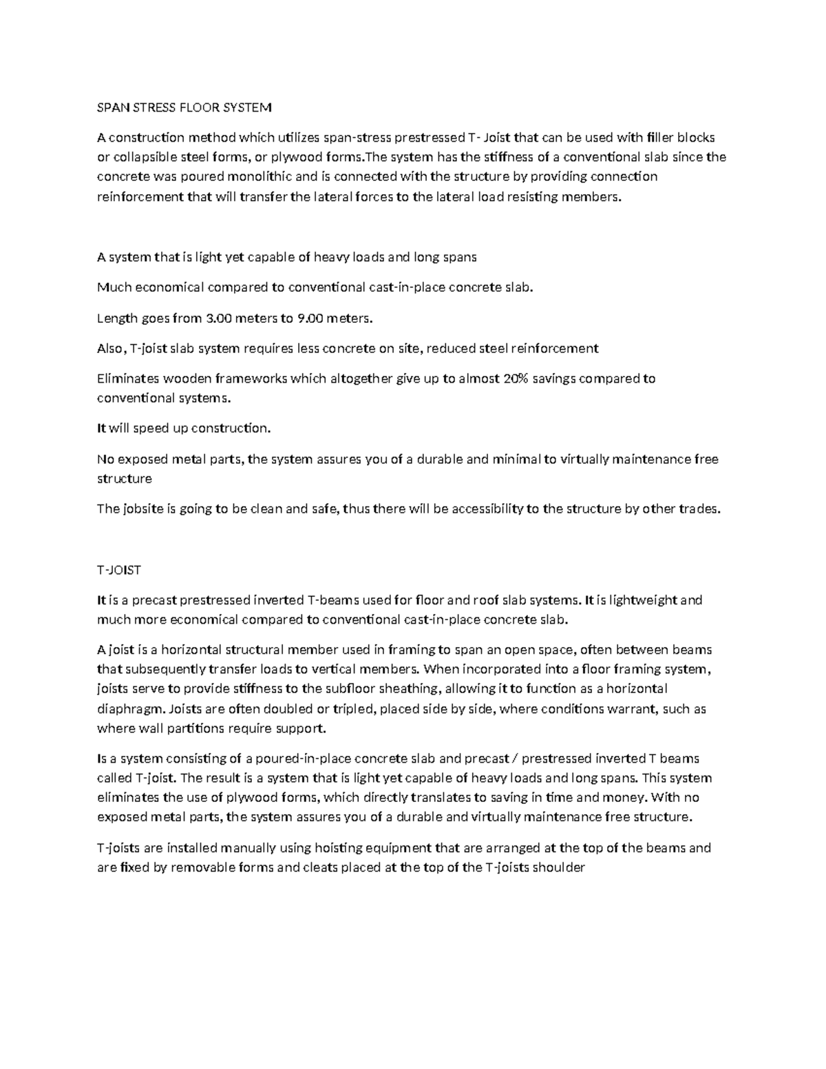 SPAN BUILDING TECH SPAN STRESS FLOOR SYSTEM A construction method