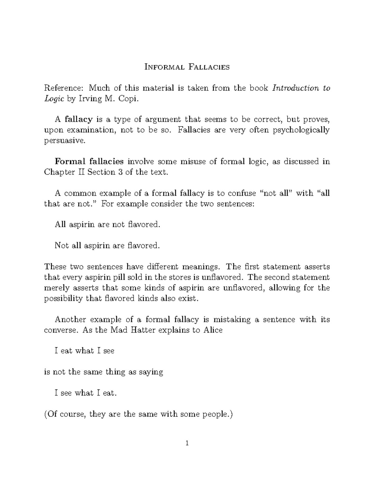 Lecture Notes, Lecture Informal Fallacies - Informal Fallacies ...