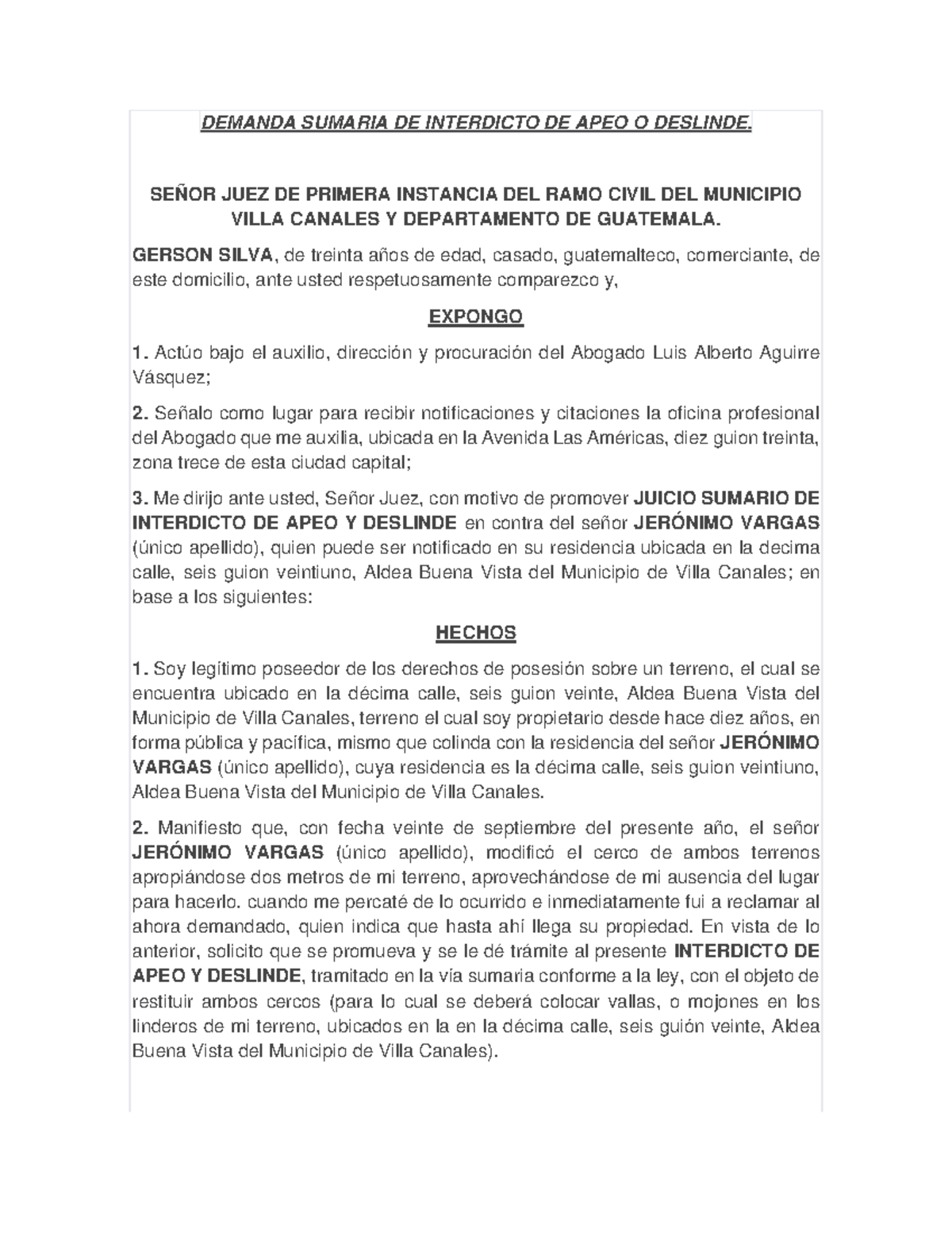 CASO Demanda Sumaria DE Interdicto DE APEO O Deslinde - DEMANDA SUMARIA ...