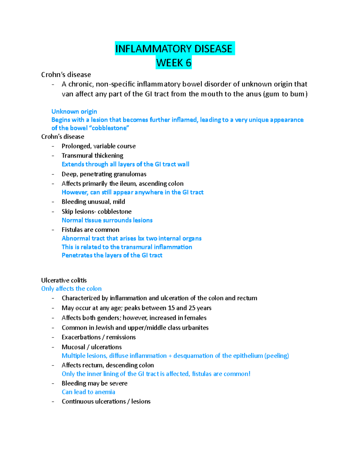 W6 IBS - IBS notes - INFLAMMATORY DISEASE WEEK 6 Crohn’s disease - A ...