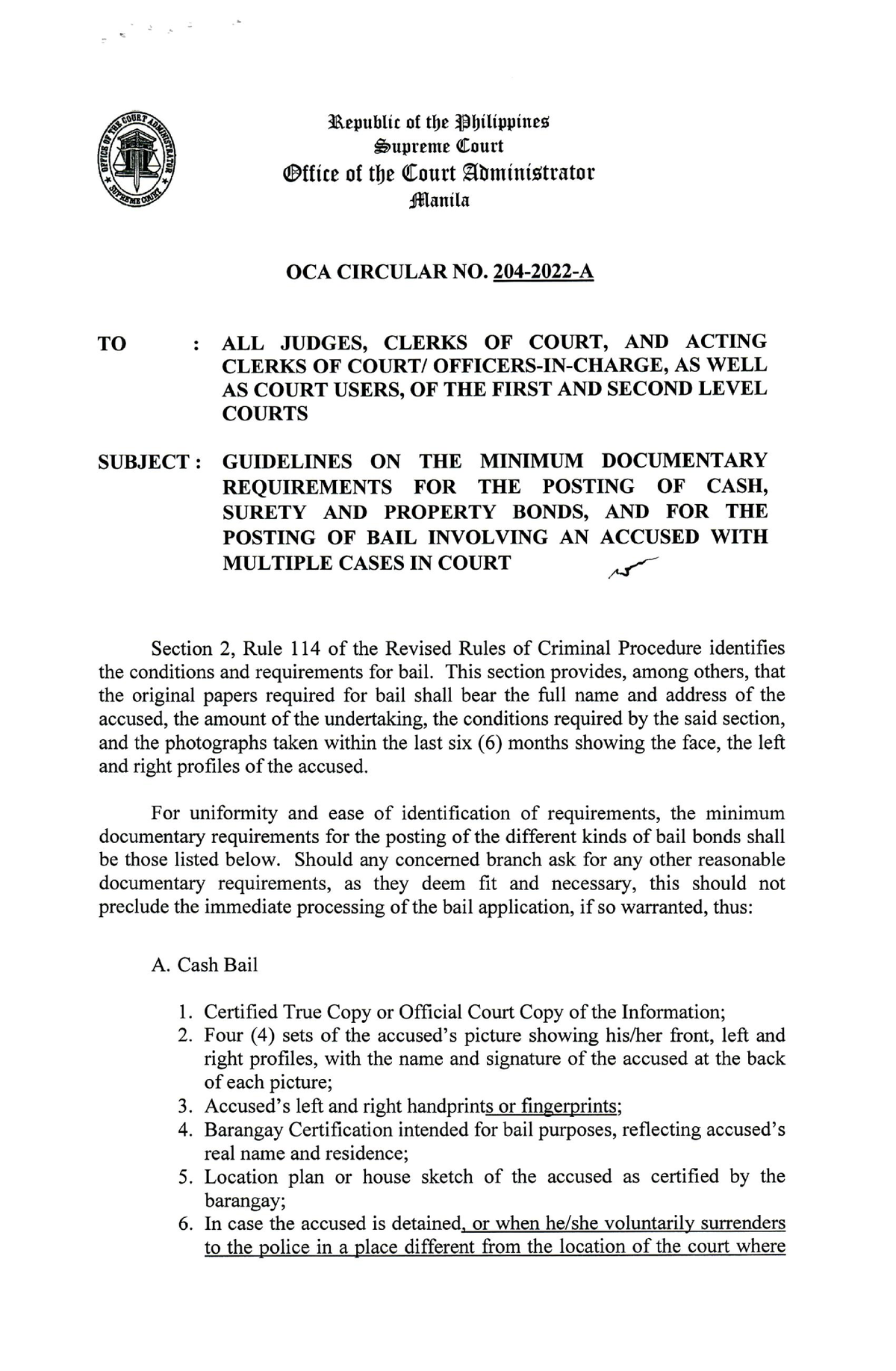 OCA Circular No. 204-2022-A - 3L\epublic of tbe ttbilippineg ~upreme ...