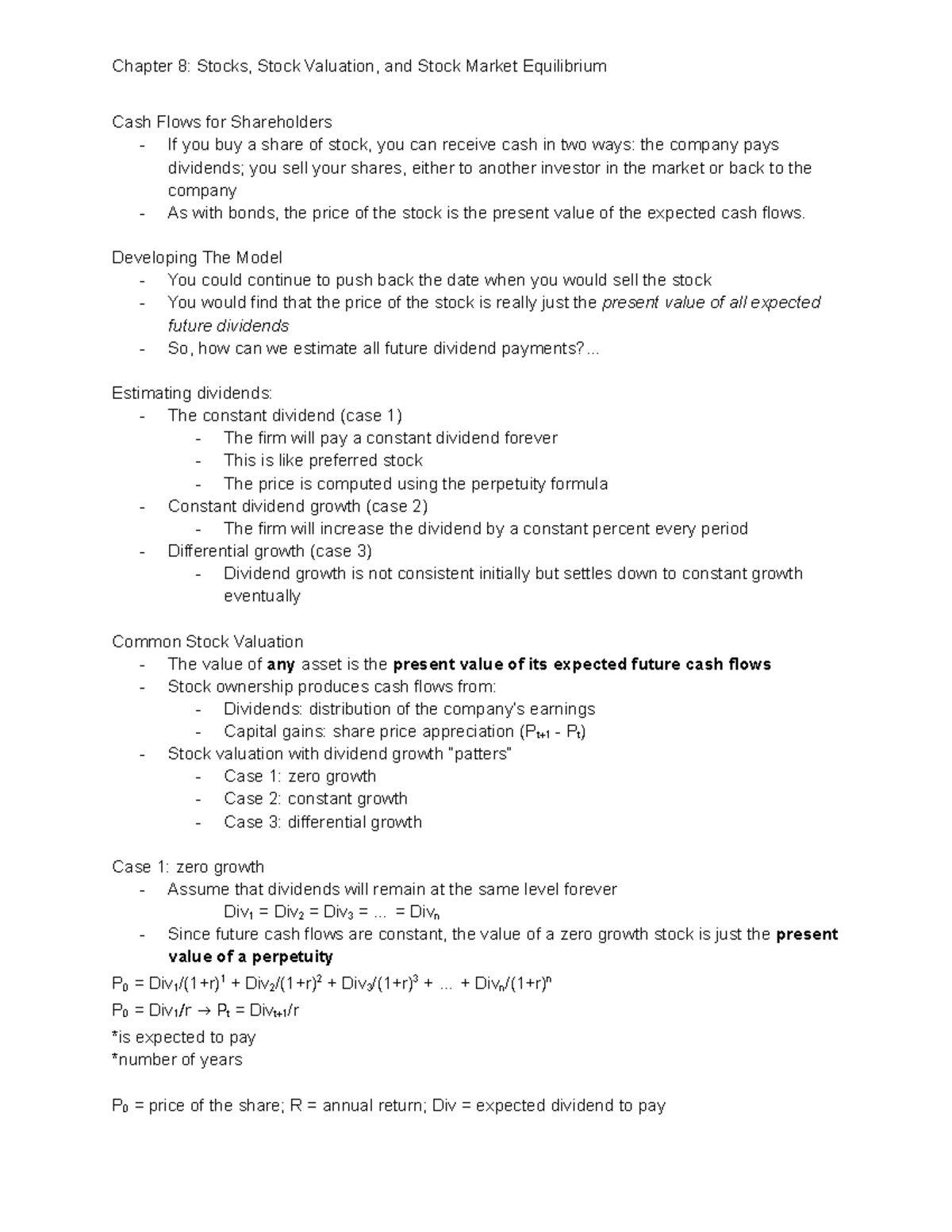 Chapter 8 - Lecture and textbook notes - Cash Flows for Shareholders ...
