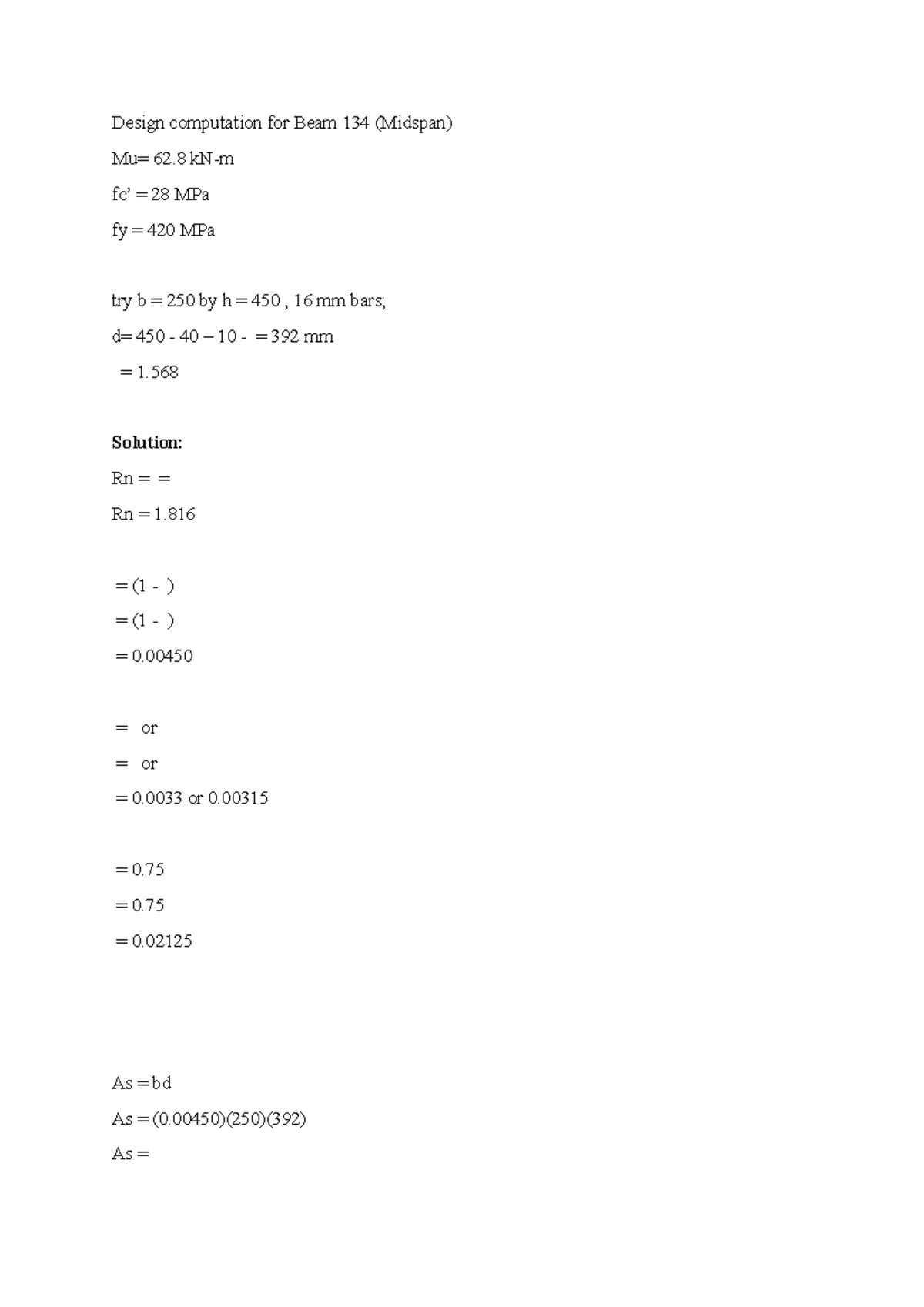 Design computation for Beam 134 - Solution: Rn = = Rn = 1. = (1 ...