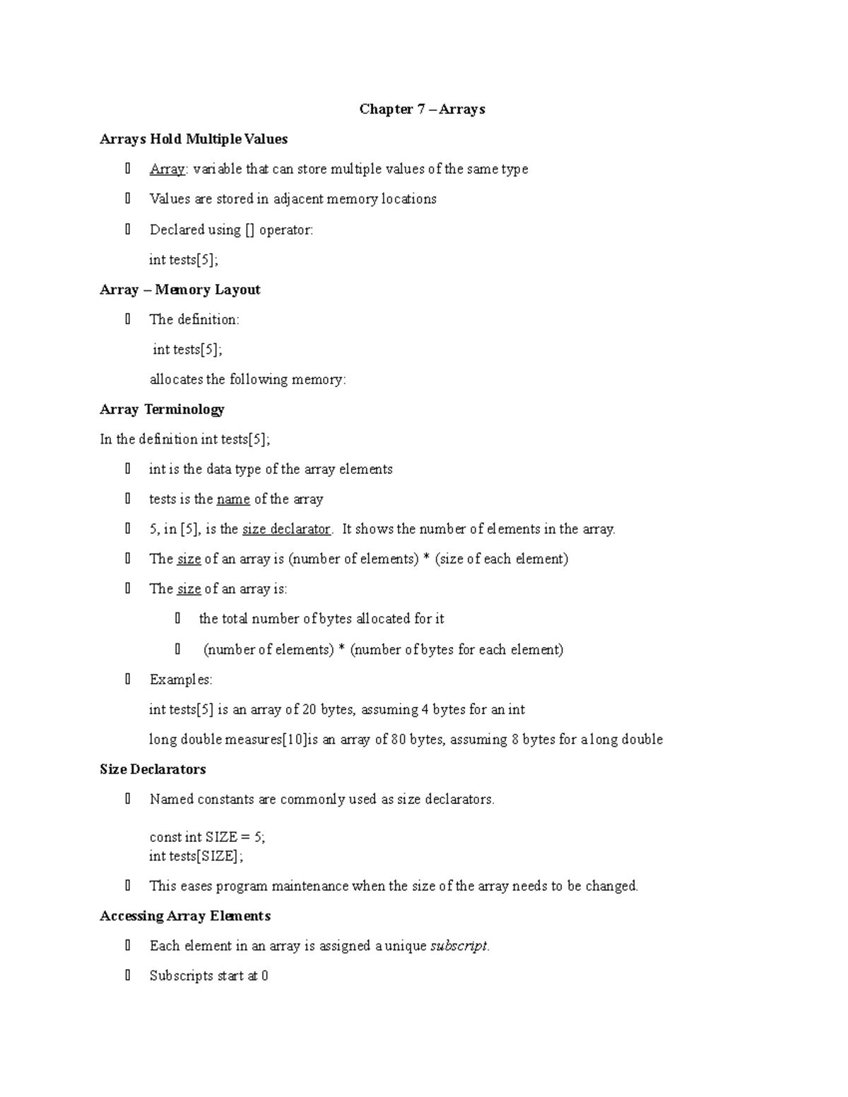 Chapter 7 Arrays Notes - Chapter 7 – Arrays Arrays Hold Multiple Values ...