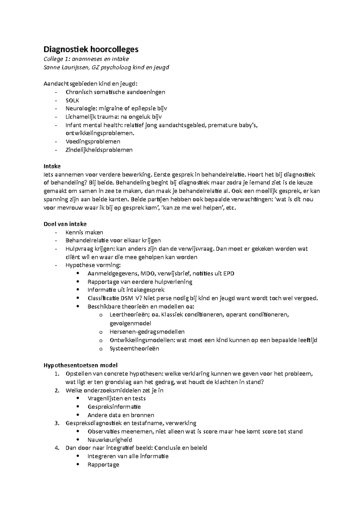 Diagnostiek Hoorcollege 1 Anamnese En Intake Diagnostiek Hoorcolleges College 1 Anamneses En Studeersnel