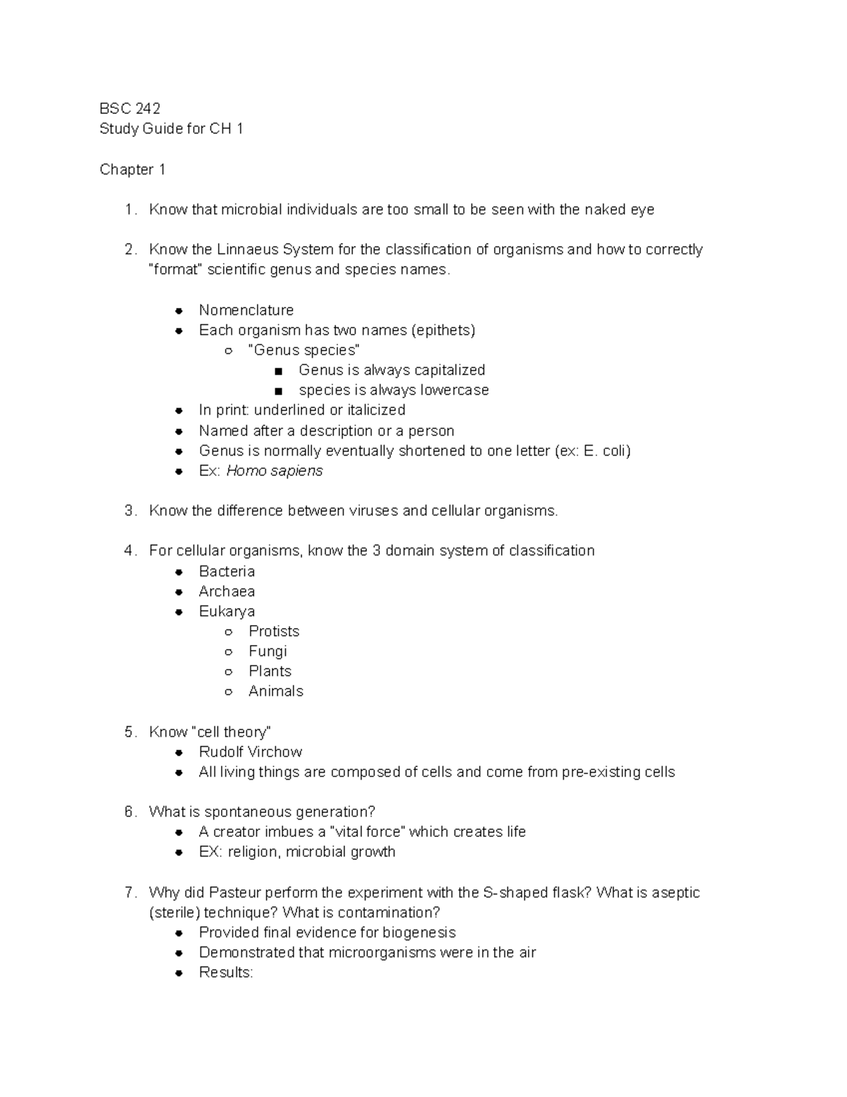 Chapter 1 Study Guide - BSC 242 Study Guide for CH 1 Chapter 1 Know ...