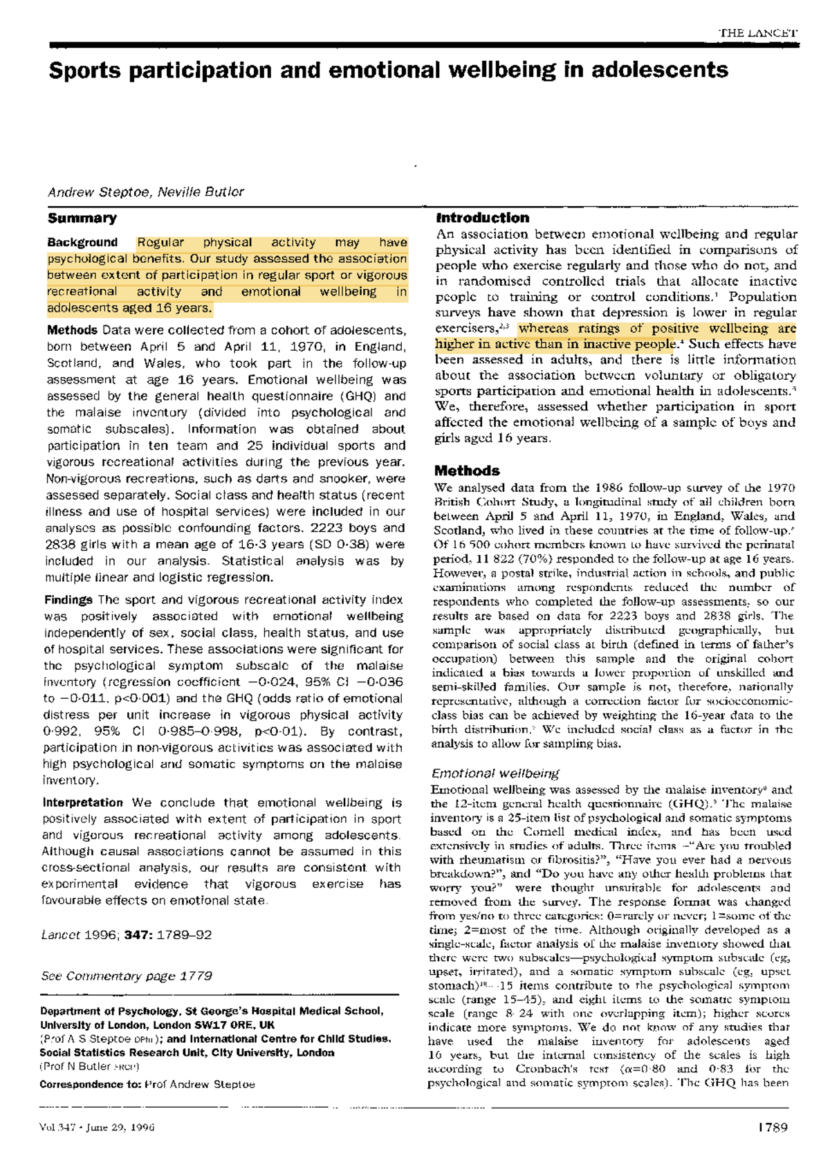 Sports Participation in adolescents- The Lancet - Sports participation ...