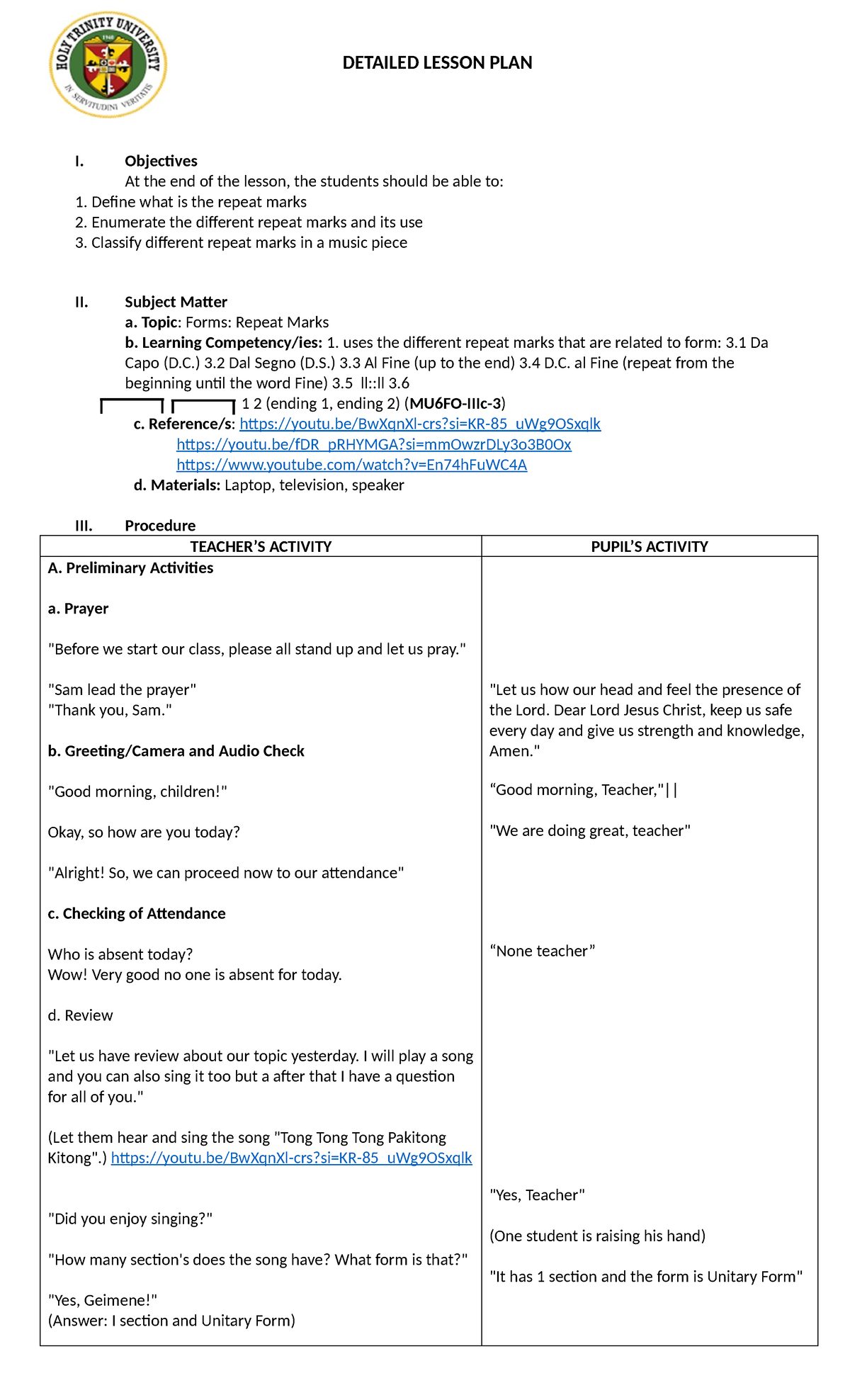 Lp-in-music - DETAILED LESSON PLAN IN MUSIC- ELEMENTARY - DETAILED ...