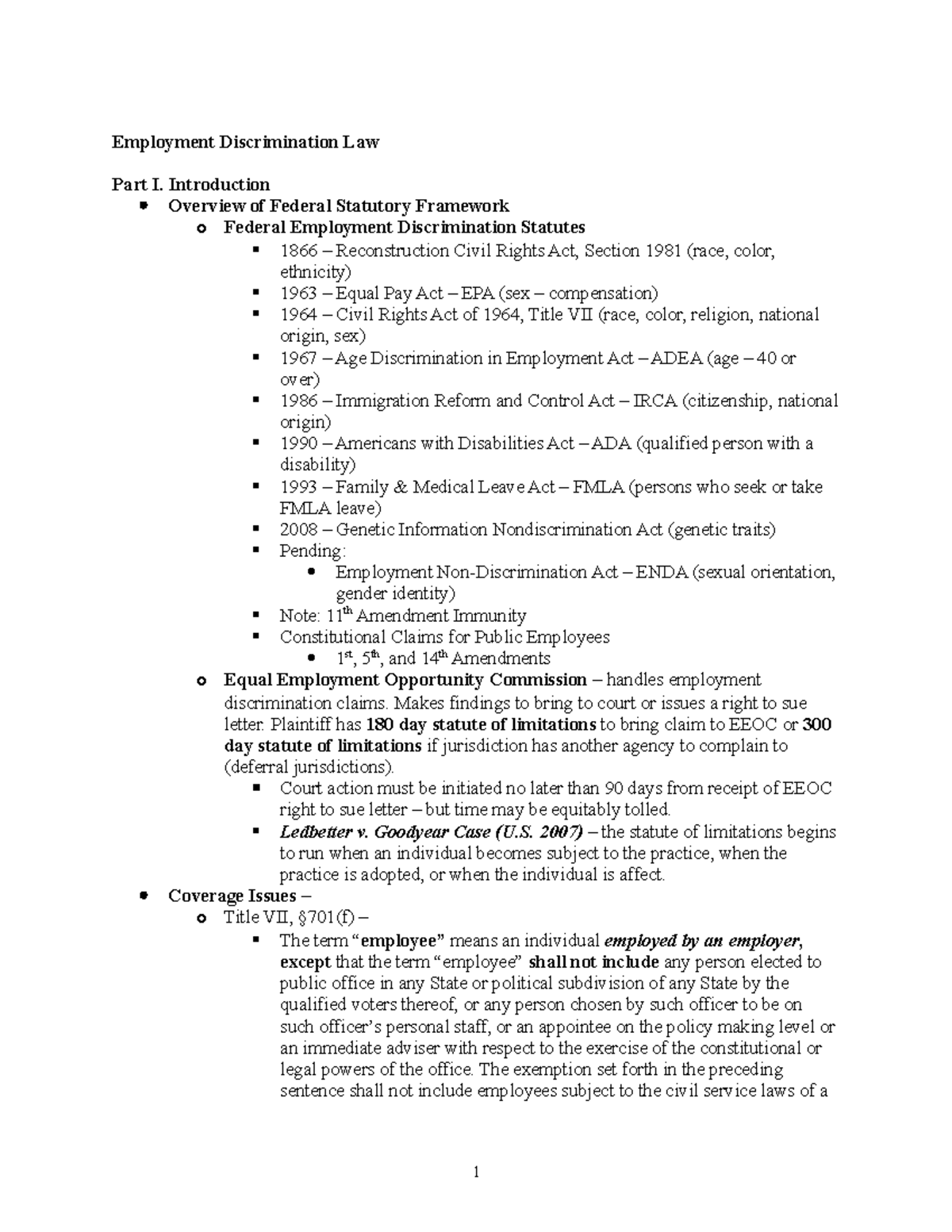 Employment discrimination outline for exam - Employment Discrimination ...