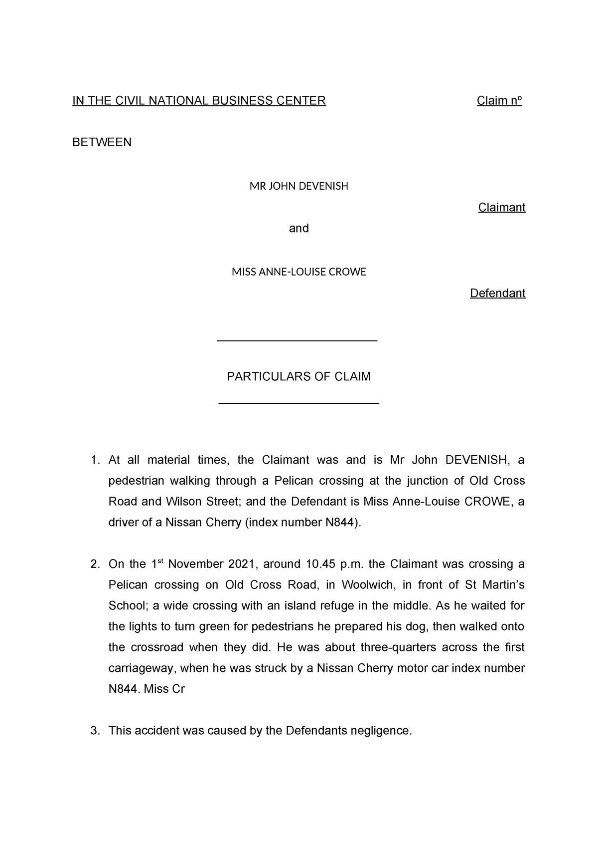 Denvish draft - Negligence and Statutory breach of duty Particulars of ...