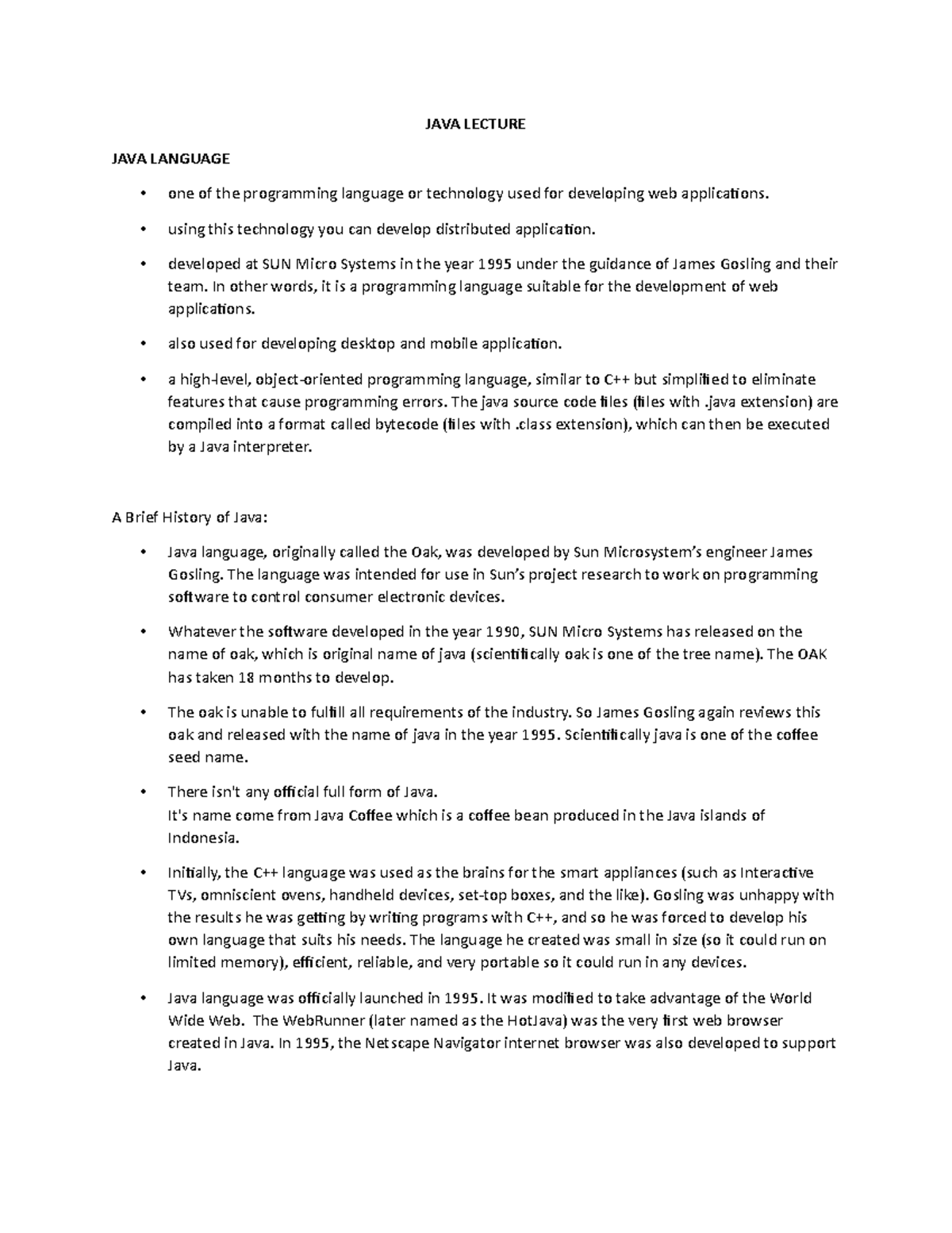 JAVA Lecture - 1st year: 2nd Sem - JAVA LECTURE JAVA LANGUAGE one of ...