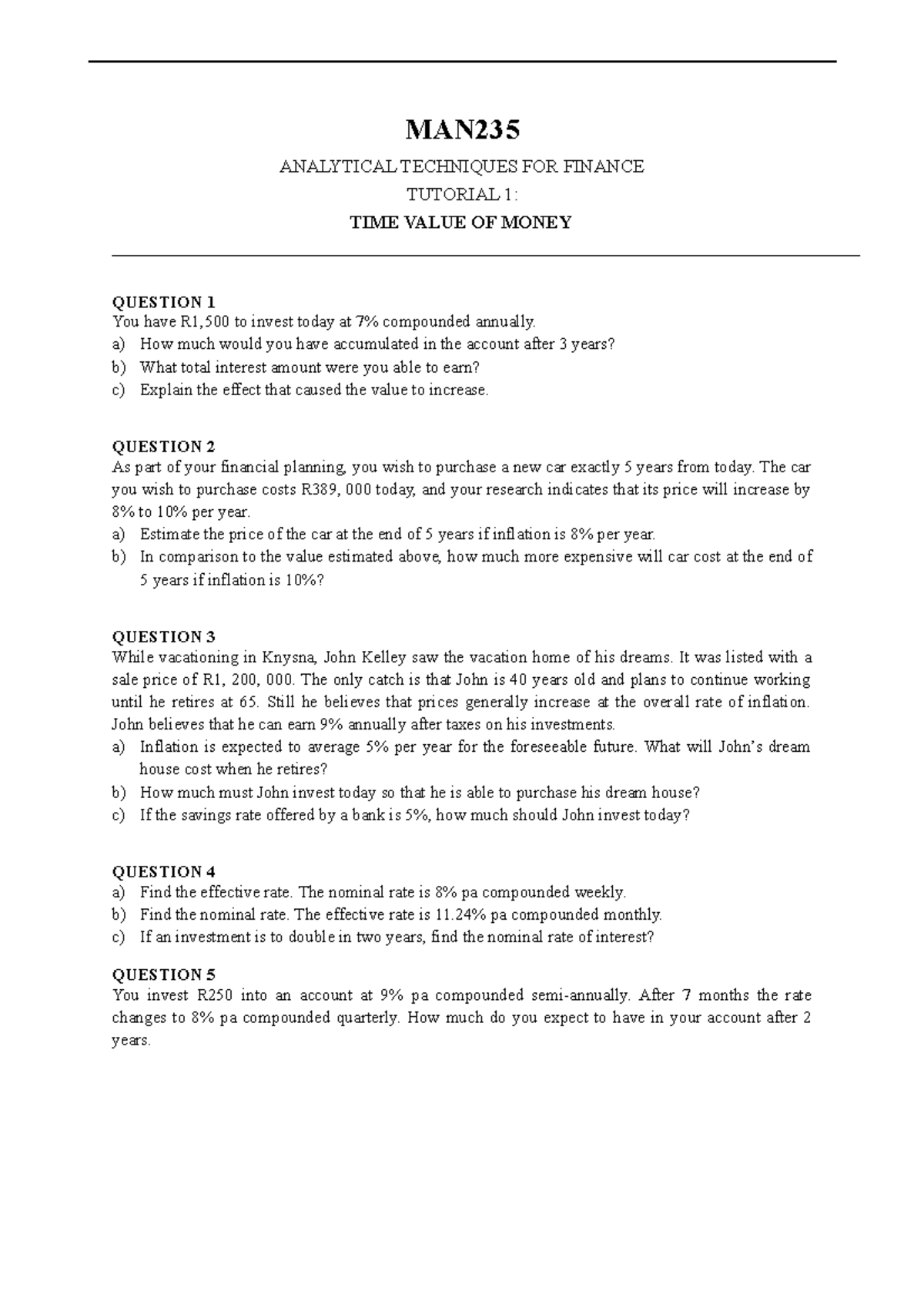 Tutorial 1 - Questions based on the simple and compound interest rates ...