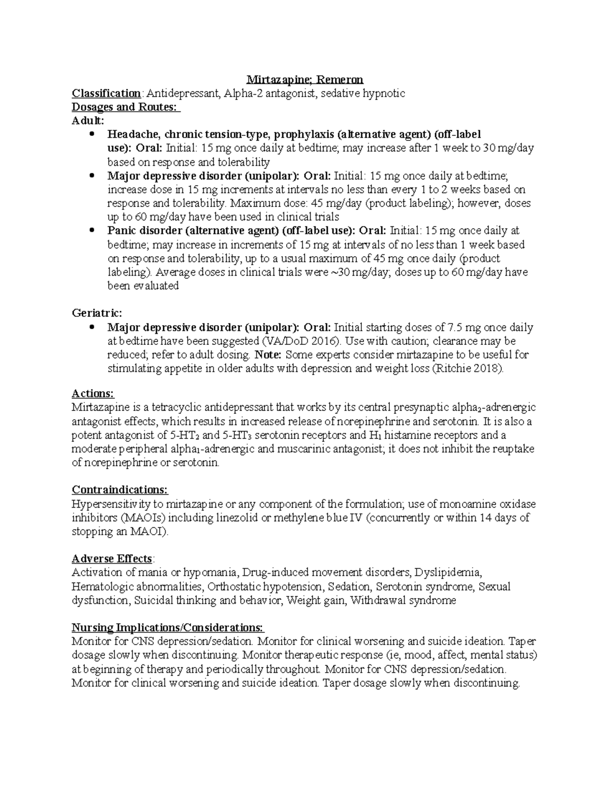 Remeron Drug Card Mirtazapine; Remeron Classification