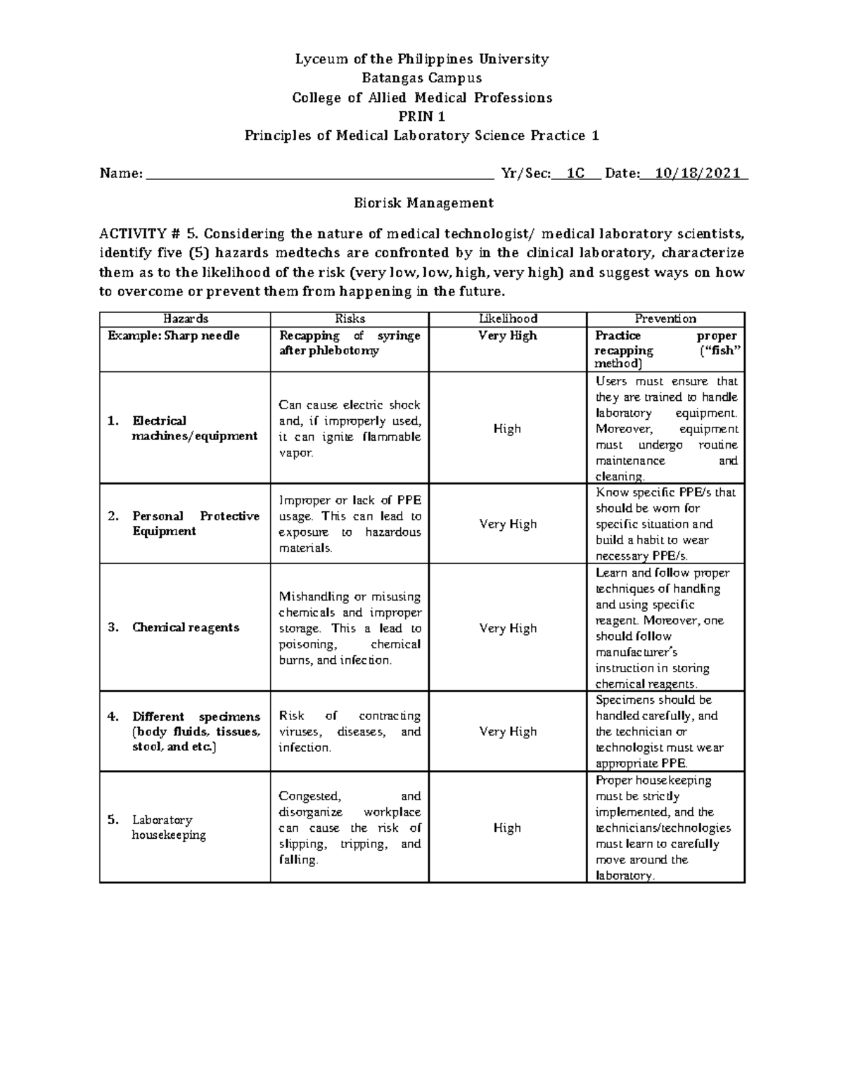 Activity 5 Biorisk Management BS Medical Laboratory Science Studocu