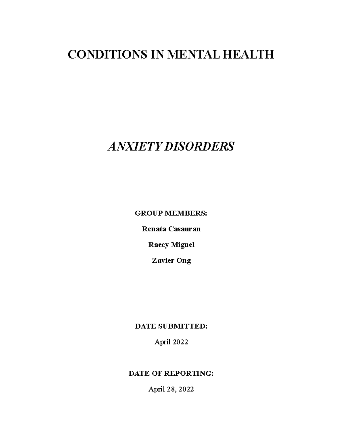 Conditions In Mental Health Anxiety Disorders 1 CONDITIONS IN 