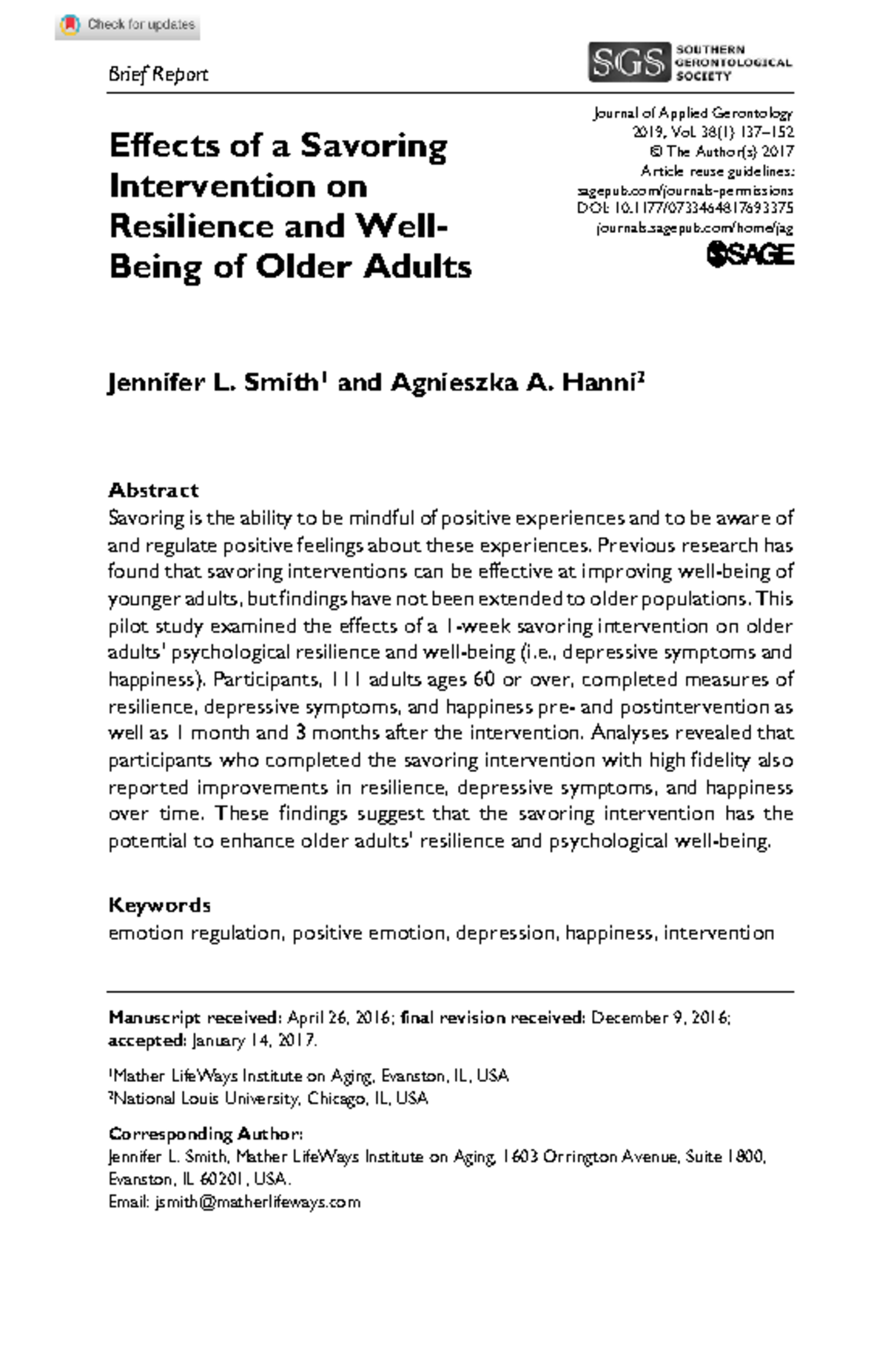 Smith hanni 2017 effects of a savoring intervention on resilience and ...