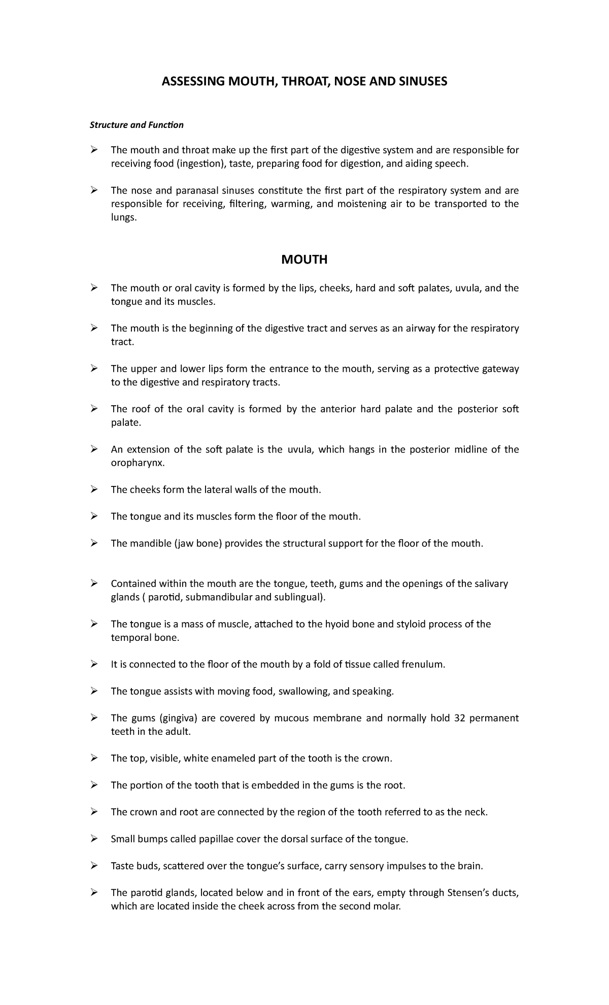 Assessing Mouth - Study Notes - ASSESSING MOUTH, THROAT, NOSE AND ...