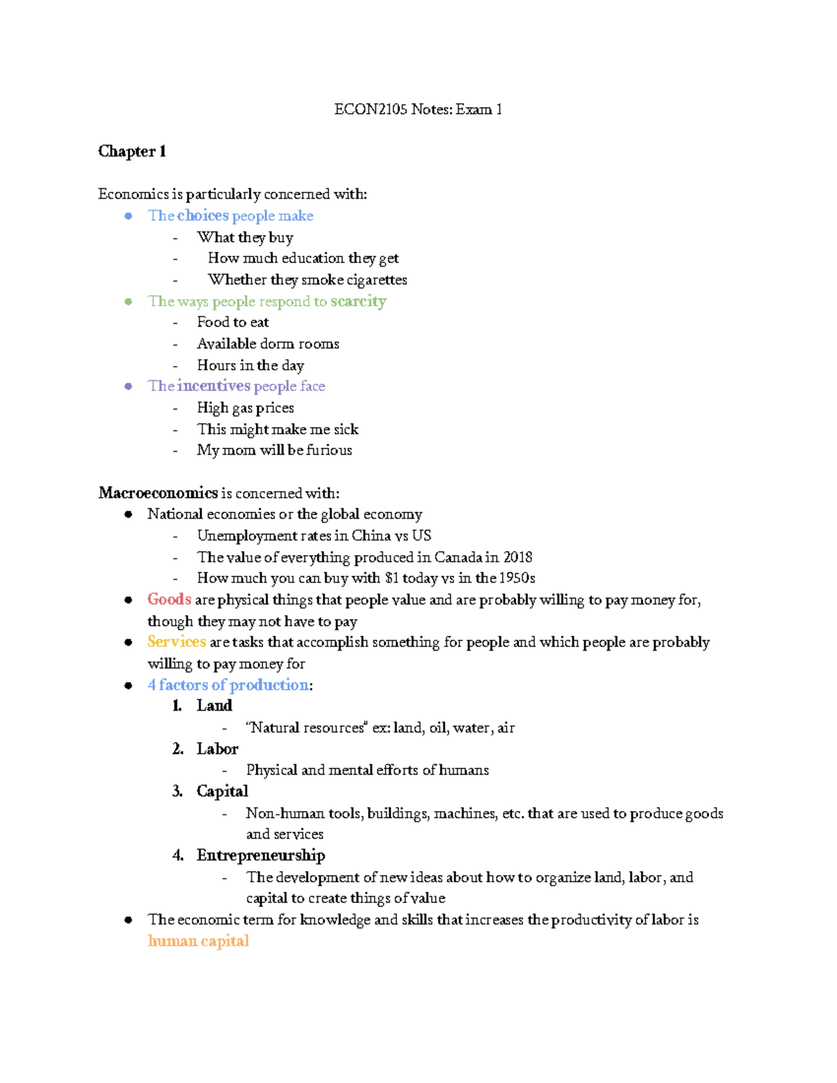 ECON2105 Notes Exam 1 - ECON2105 Notes: Exam 1 Chapter 1 Economics Is ...