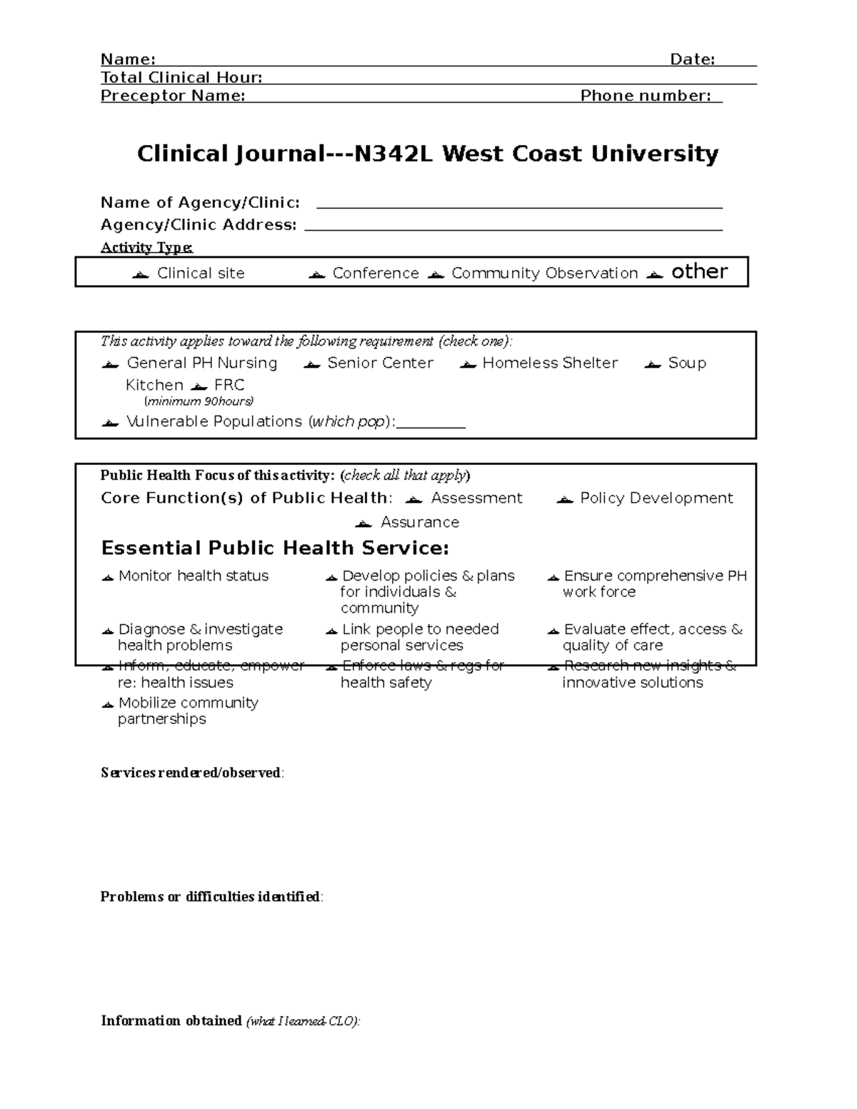 Journal with CLO's - Name: Date: Total Clinical Hour: Preceptor Name ...