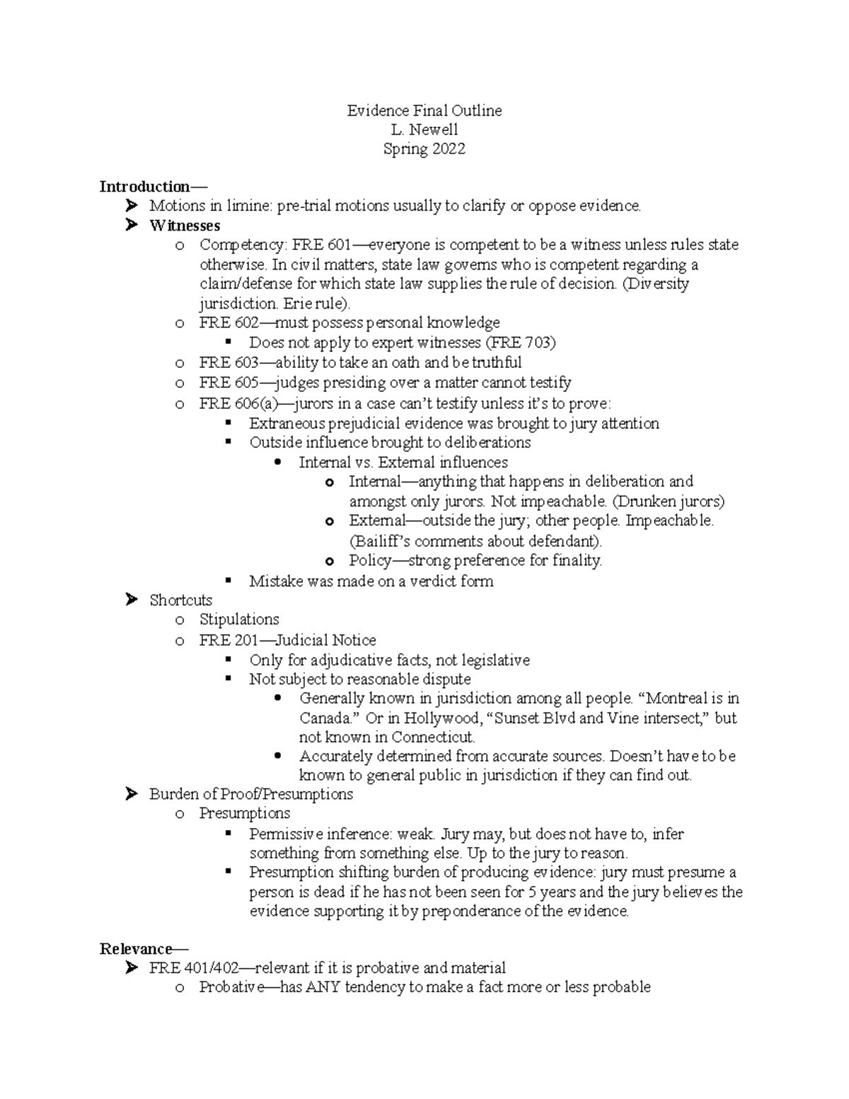 Final Outline 2022 - Evidence Final Outline L. Newell Spring 2022 ...