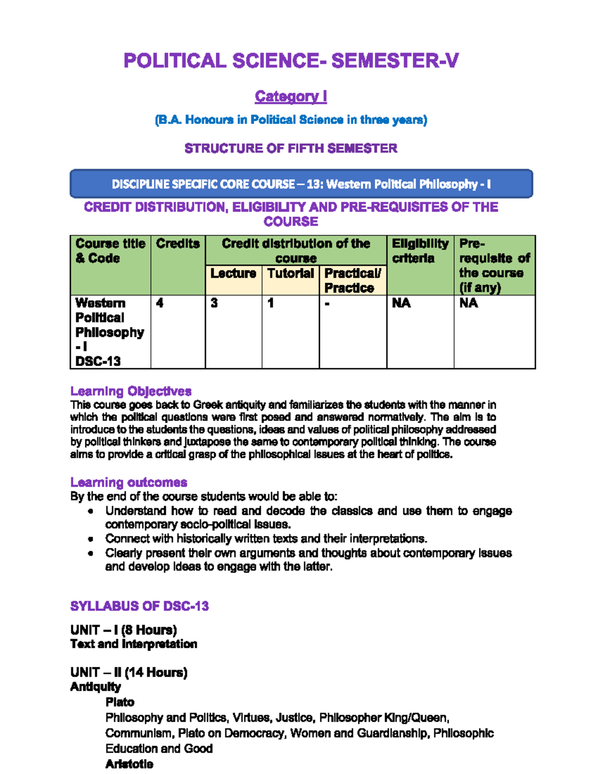 Syllabus SEM 5 - good - POLITICAL Category I (B. Honours in Political ...