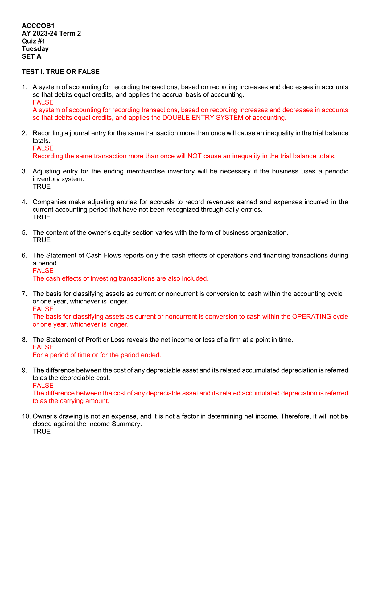 Acccob 1 Quiz #1 Tuesday Set A Answer Key - ACCCOB AY 2023-24 Term 2 ...
