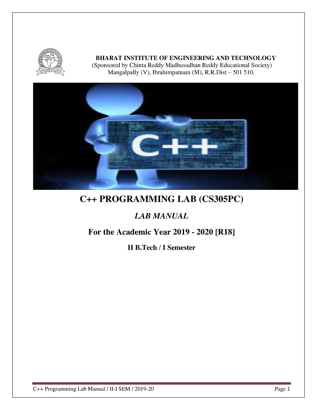 C++ LAB Manualbt - LAB MANUAL - BHARAT INSTITUTE OF ENGINEERING AND ...