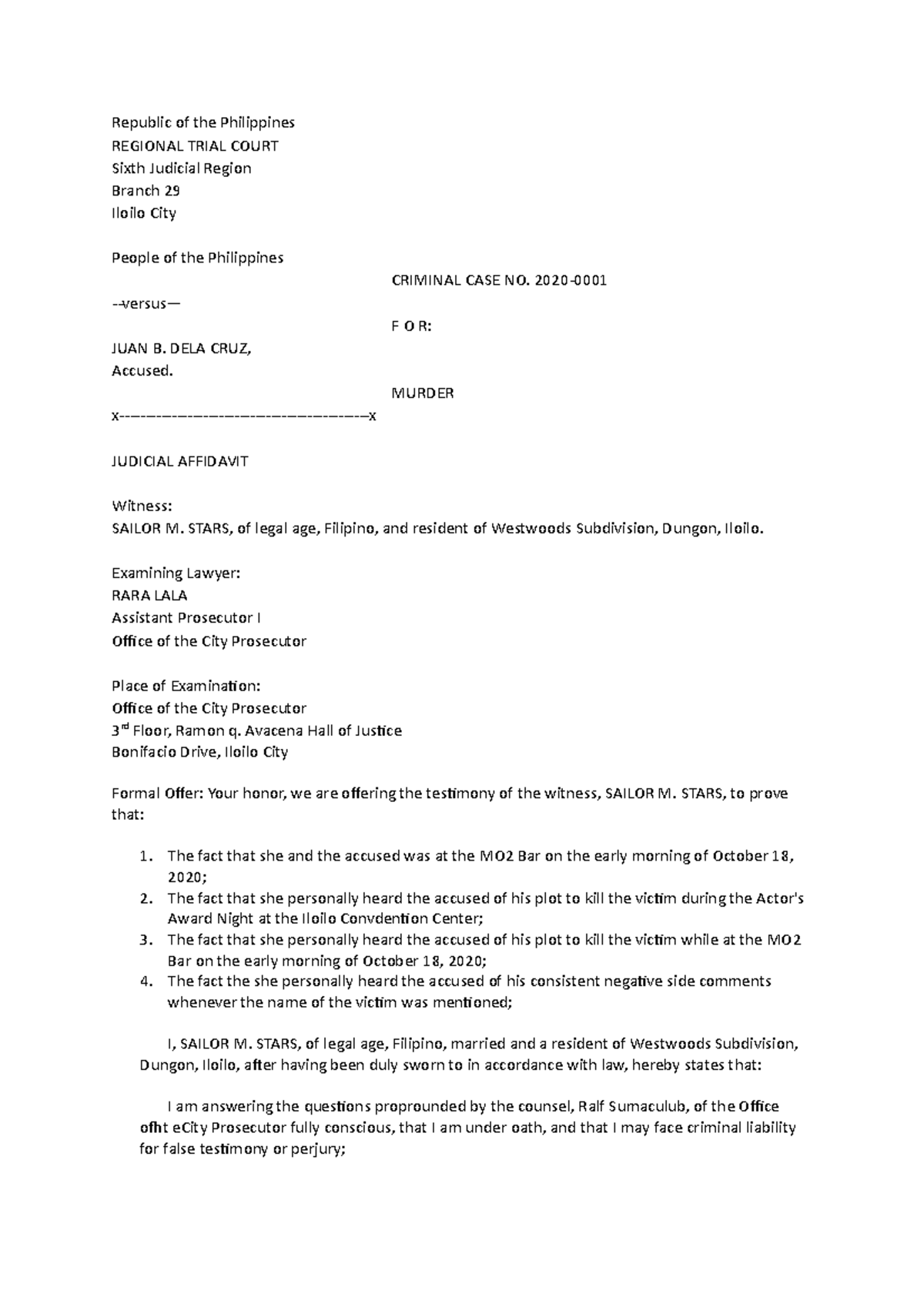 Affidavit sample - Lecture notes 1 - Republic of the Philippines ...