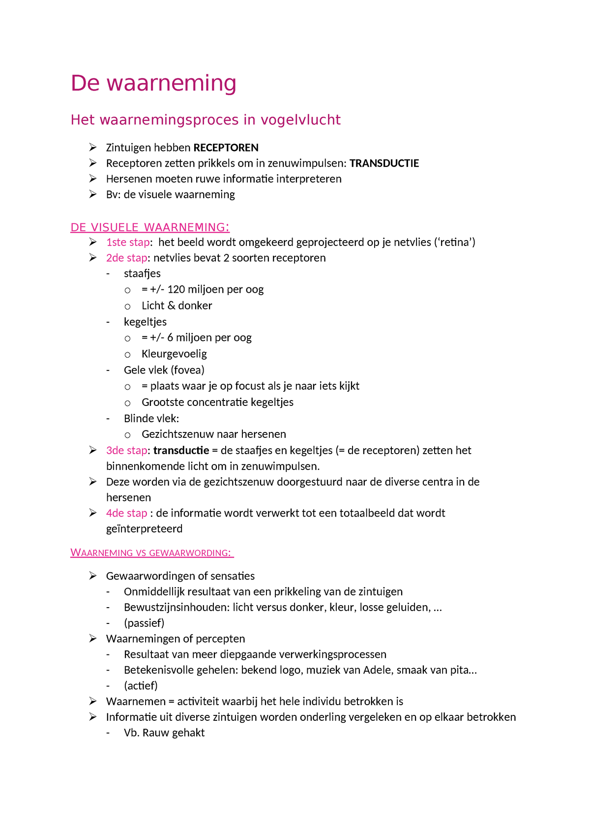 De Waarneming - Samenvatting Basis Van Gedrag - De Waarneming Het ...